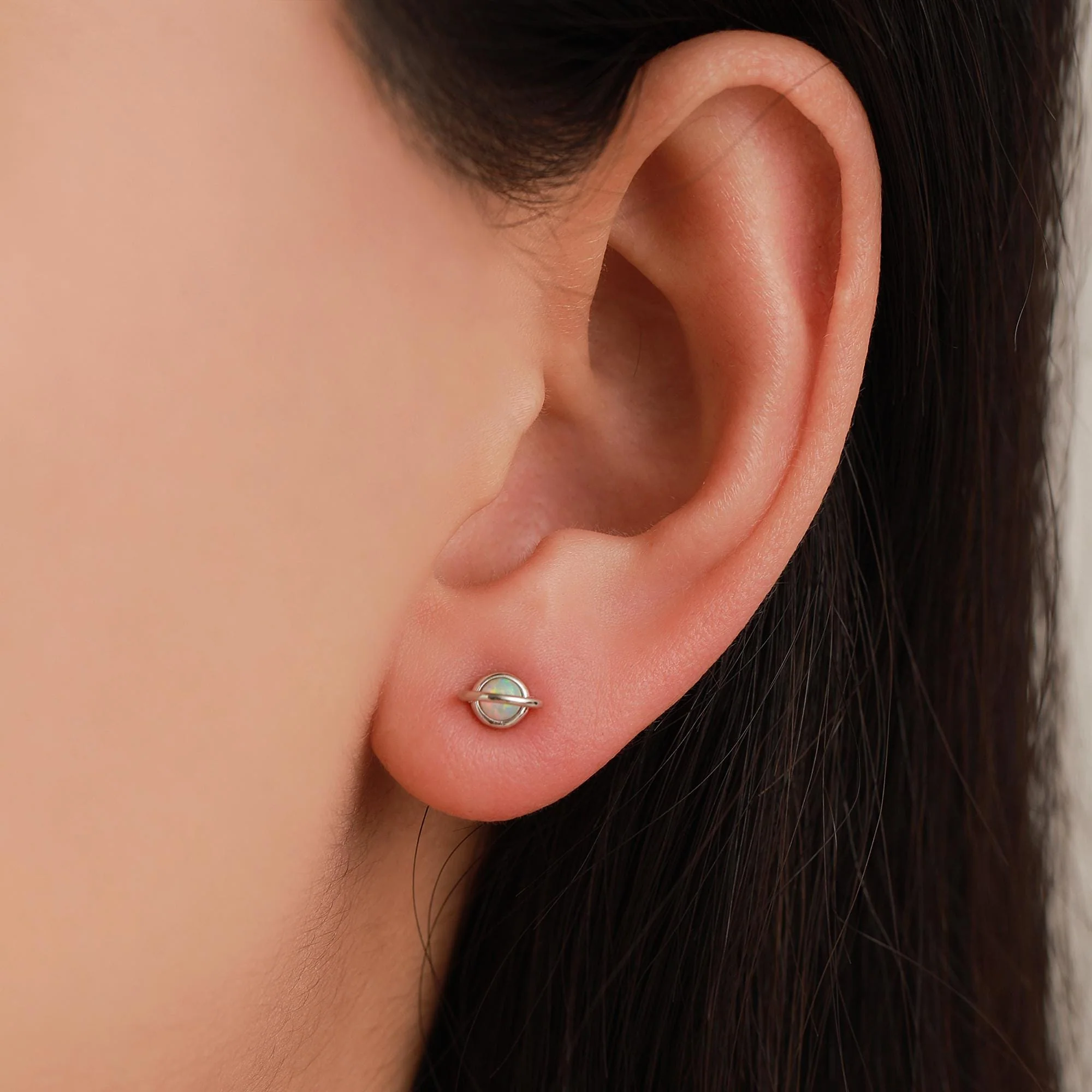 Tiny Blue/White Opal Planet Screw Back Earrings in Sterling Silver - Image 5