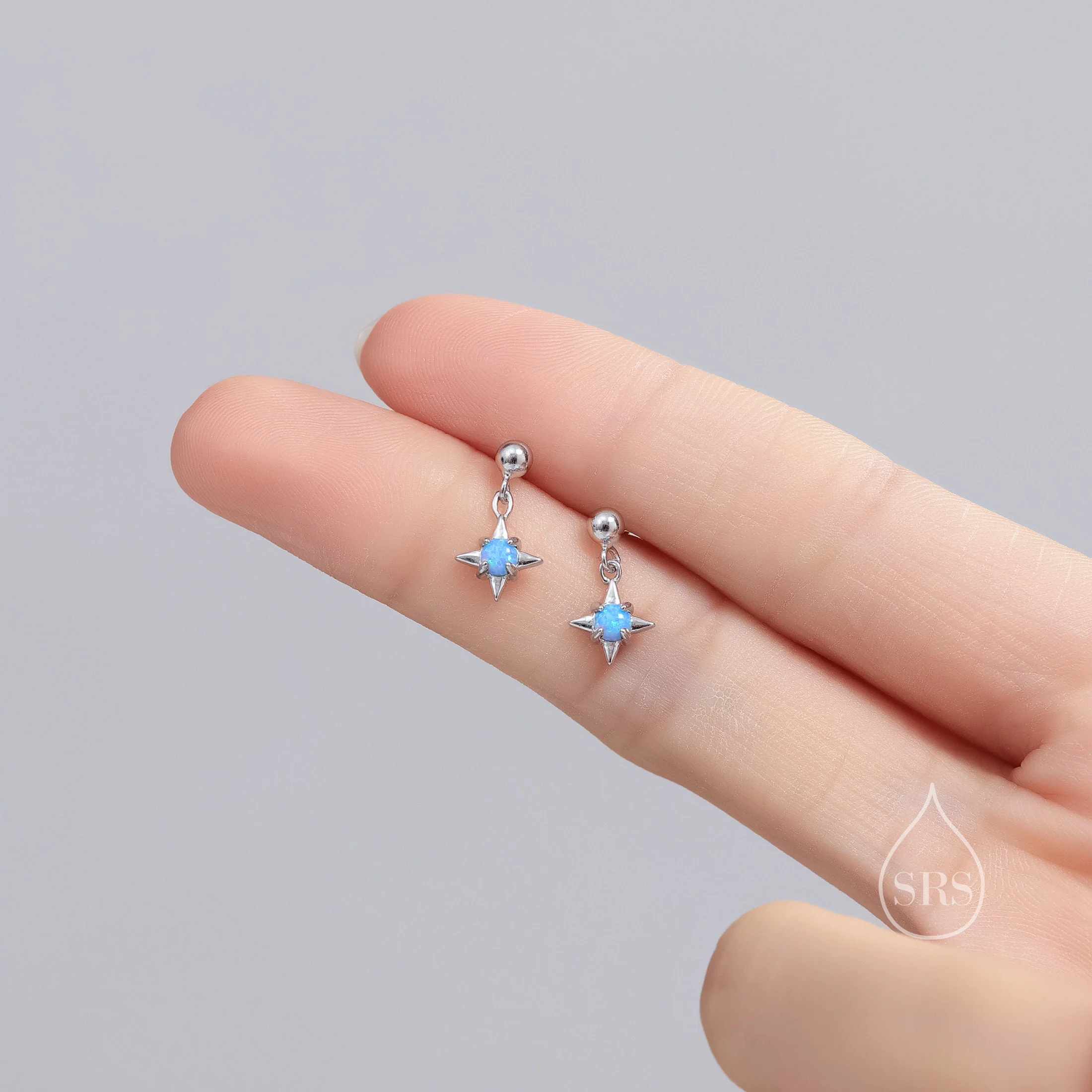 Tiny Blue Opal Star Dangle Stud Earrings in Sterling Silver, Silver or Gold, Lab Opal Star Earrings, Sunburst Earrings, Celestial - Image 2