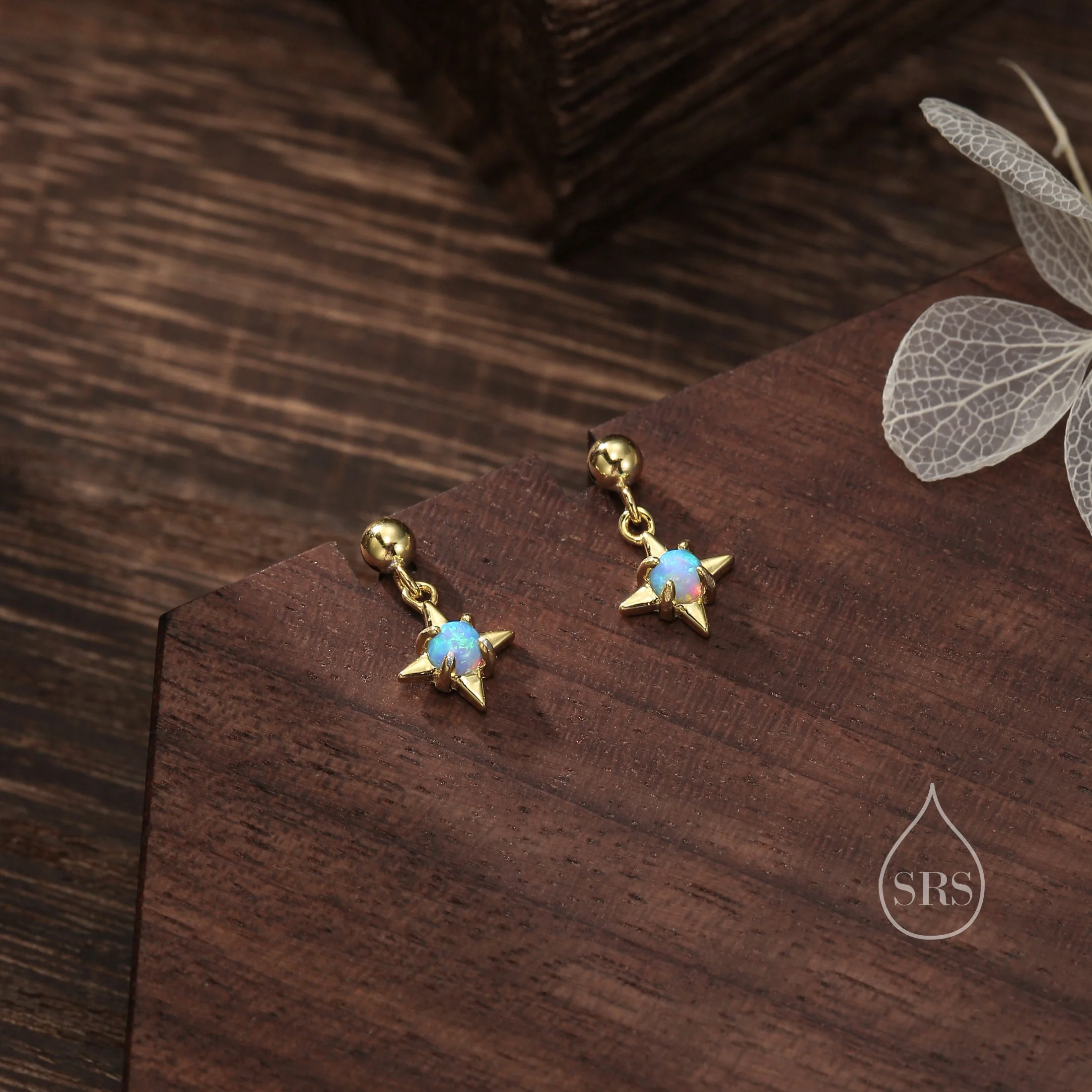 Tiny Blue Opal Star Dangle Stud Earrings in Sterling Silver, Silver or Gold, Lab Opal Star Earrings, Sunburst Earrings, Celestial - Image 4