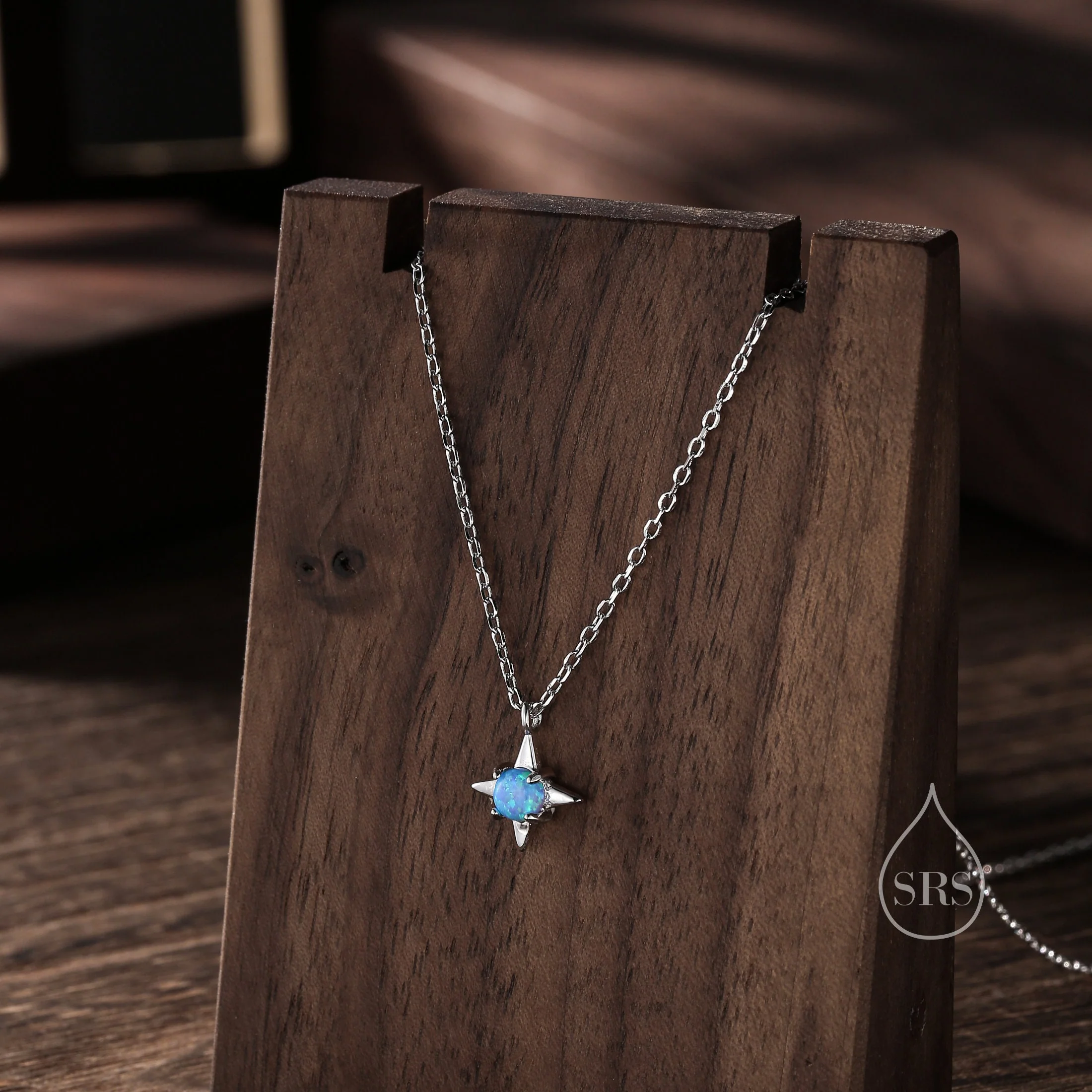 Tiny Blue Opal Star Pendant Necklace in Sterling Silver, Silver or Gold, Aurora Four Point Star Necklace, Lab Opal Star Necklace - Image 2
