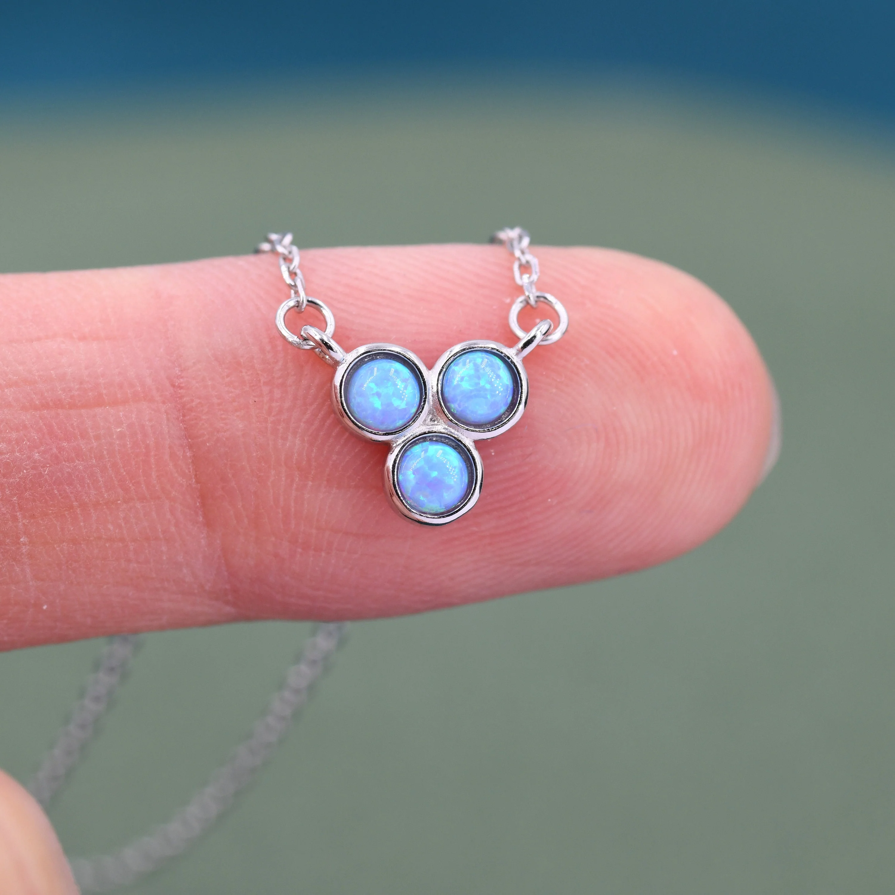 Tiny Blue Opal Trio Pendant Necklace in Sterling Silver, Tiny Opal Necklace, Three Tiny Lab Opal Pendant - Image 4