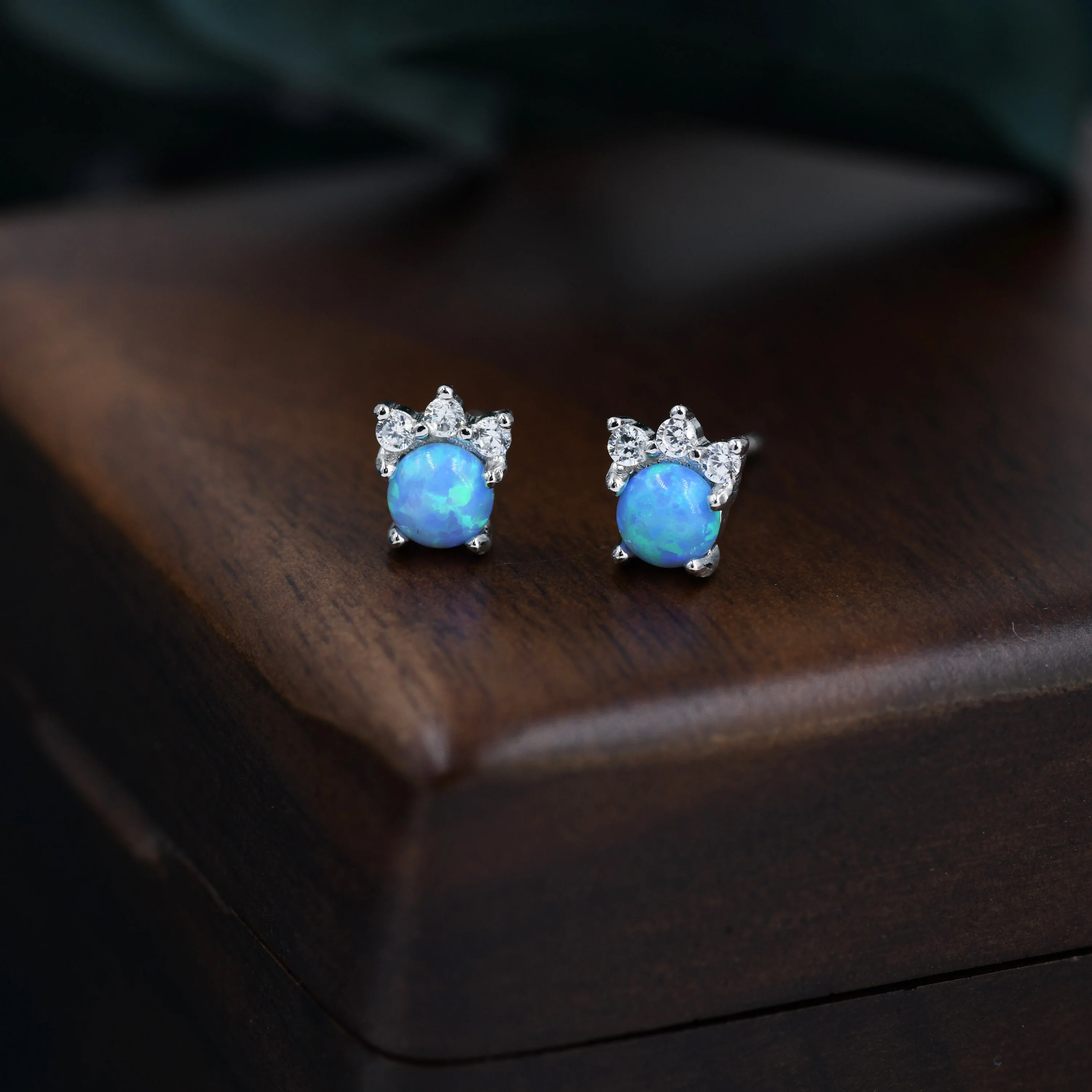 Tiny Blue Opal with CZ Stud Earrings in Sterling Silver, Silver or Gold, Vintage Inspired Design, Opal Crown Earrings Crown Stud - Image 2