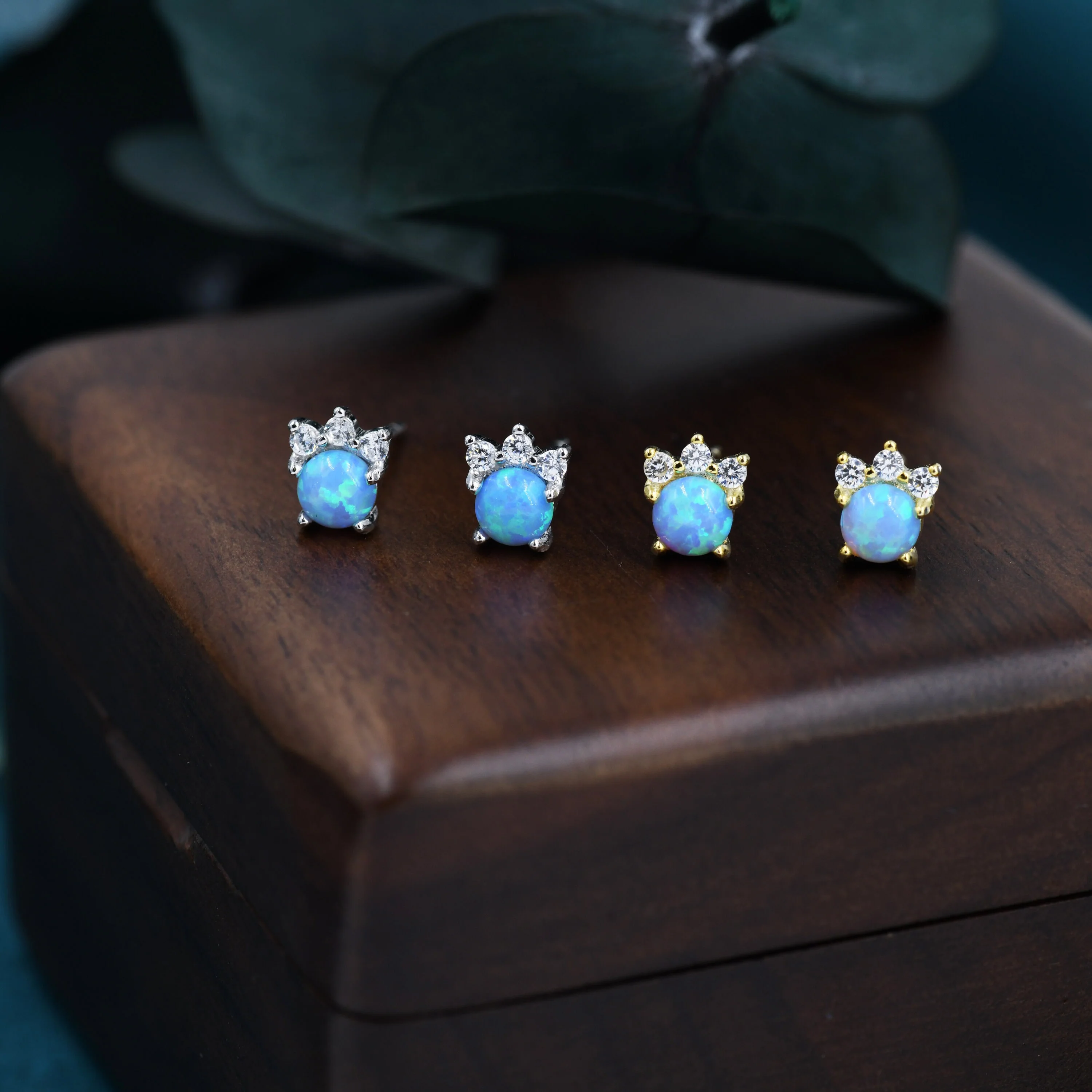 Tiny Blue Opal with CZ Stud Earrings in Sterling Silver, Silver or Gold, Vintage Inspired Design, Opal Crown Earrings Crown Stud - Image 3