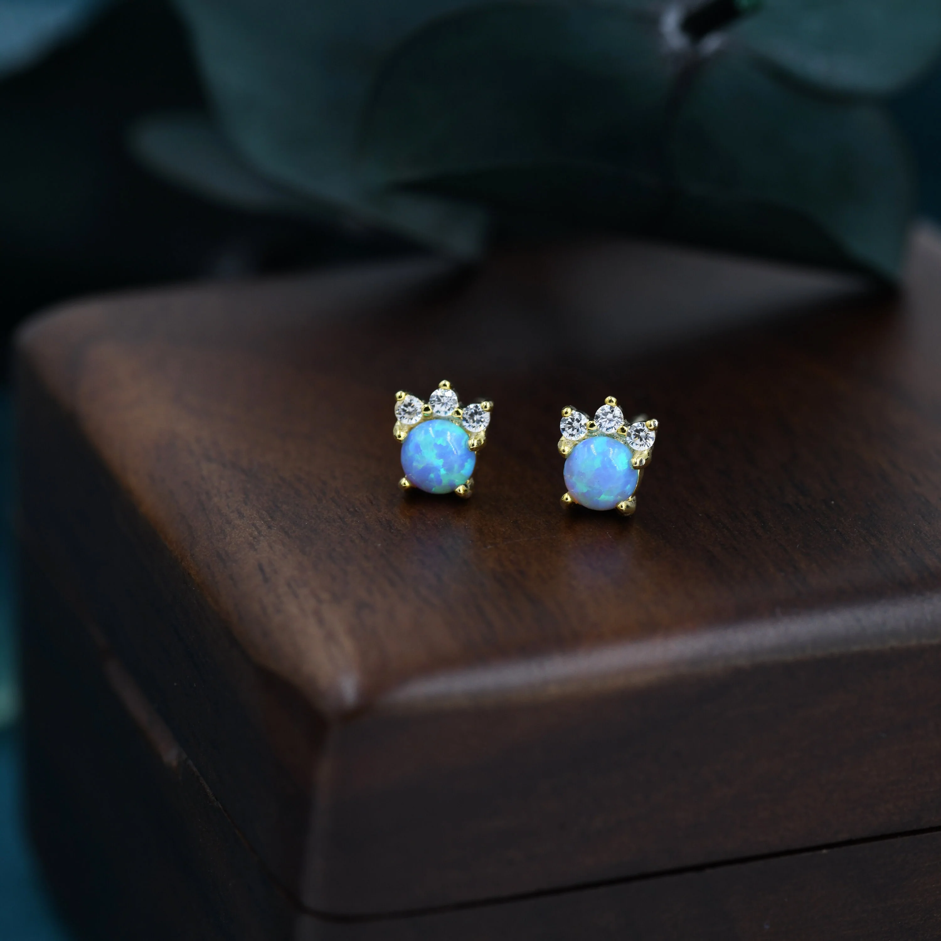 Tiny Blue Opal with CZ Stud Earrings in Sterling Silver, Silver or Gold, Vintage Inspired Design, Opal Crown Earrings Crown Stud - Image 4