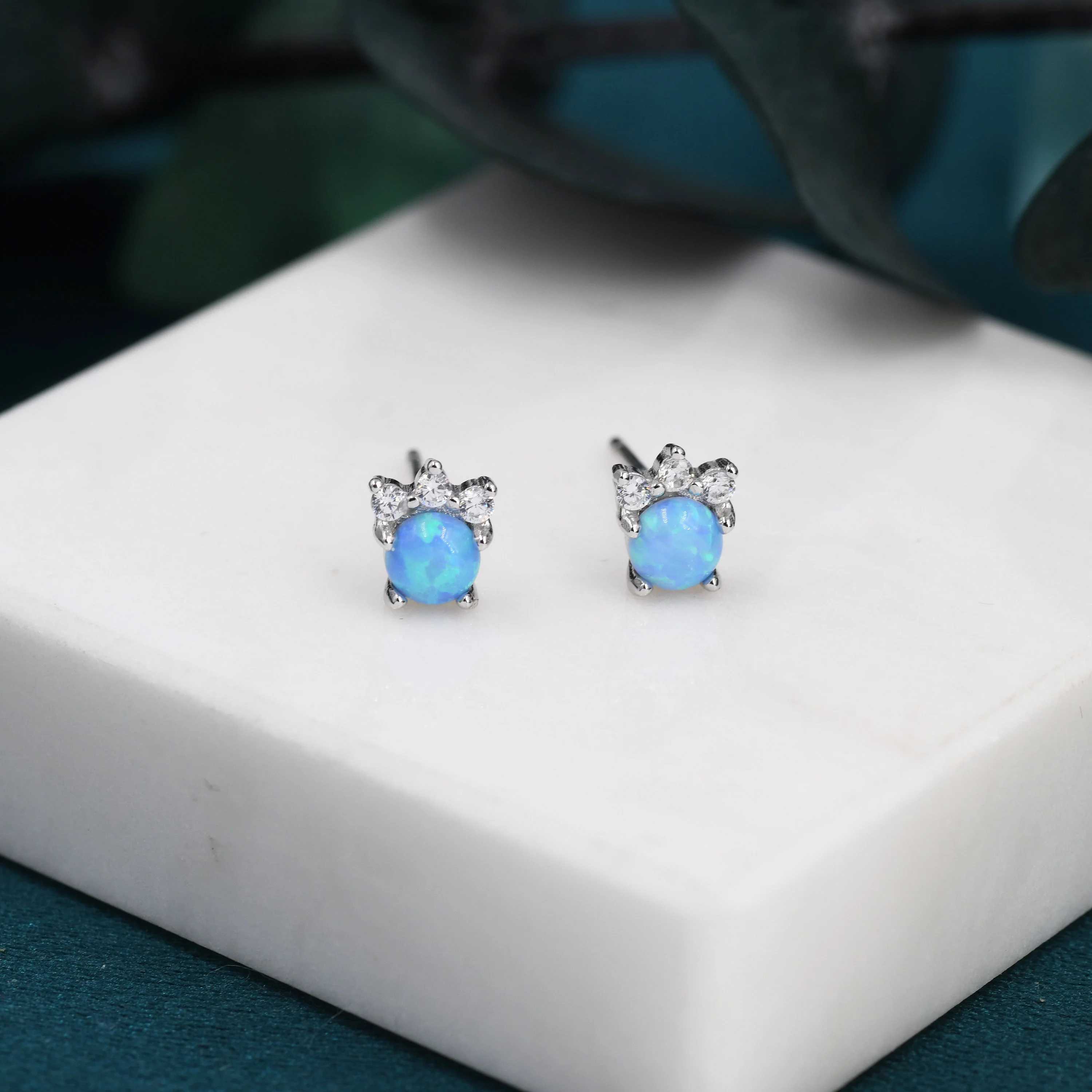 Tiny Blue Opal with CZ Stud Earrings in Sterling Silver, Silver or Gold, Vintage Inspired Design, Opal Crown Earrings Crown Stud - Image 5