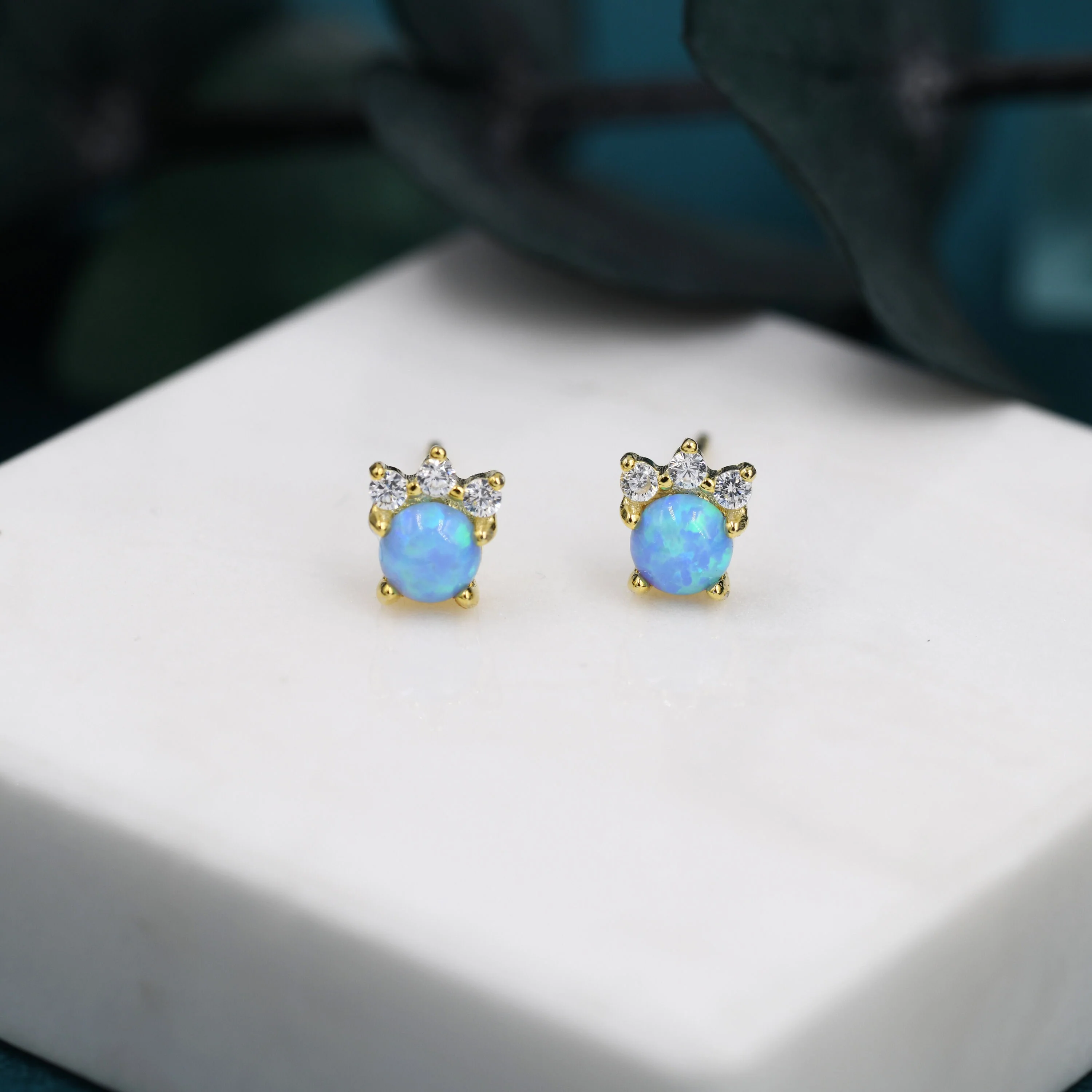 Tiny Blue Opal with CZ Stud Earrings in Sterling Silver, Silver or Gold, Vintage Inspired Design, Opal Crown Earrings Crown Stud - Image 6