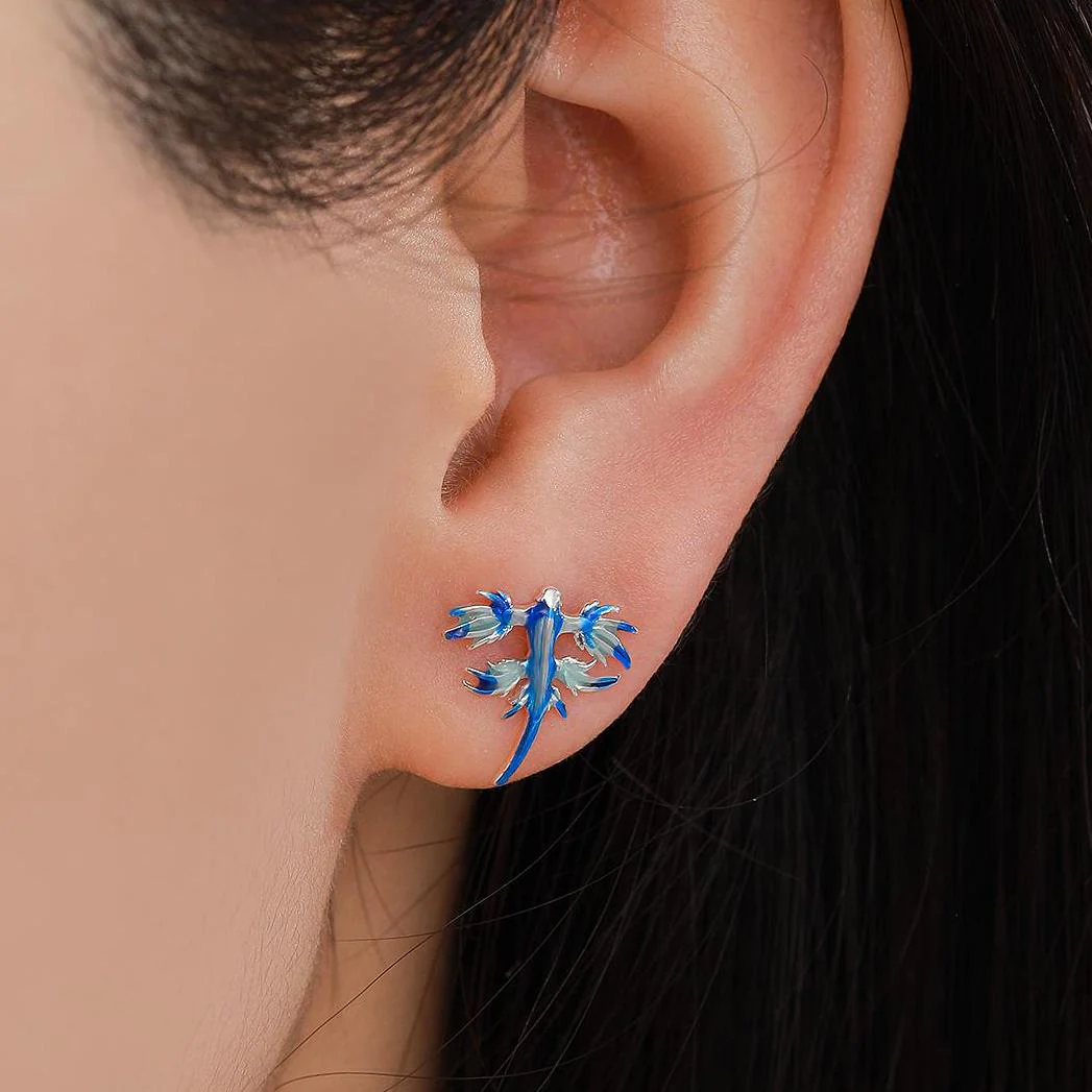 Tiny Blue Sea Dragon Stud Earrings in Sterling Silver, Enamel Blue Sea Slug Earrings, Fun Quirky and Whimsical Jewellery - Image 2