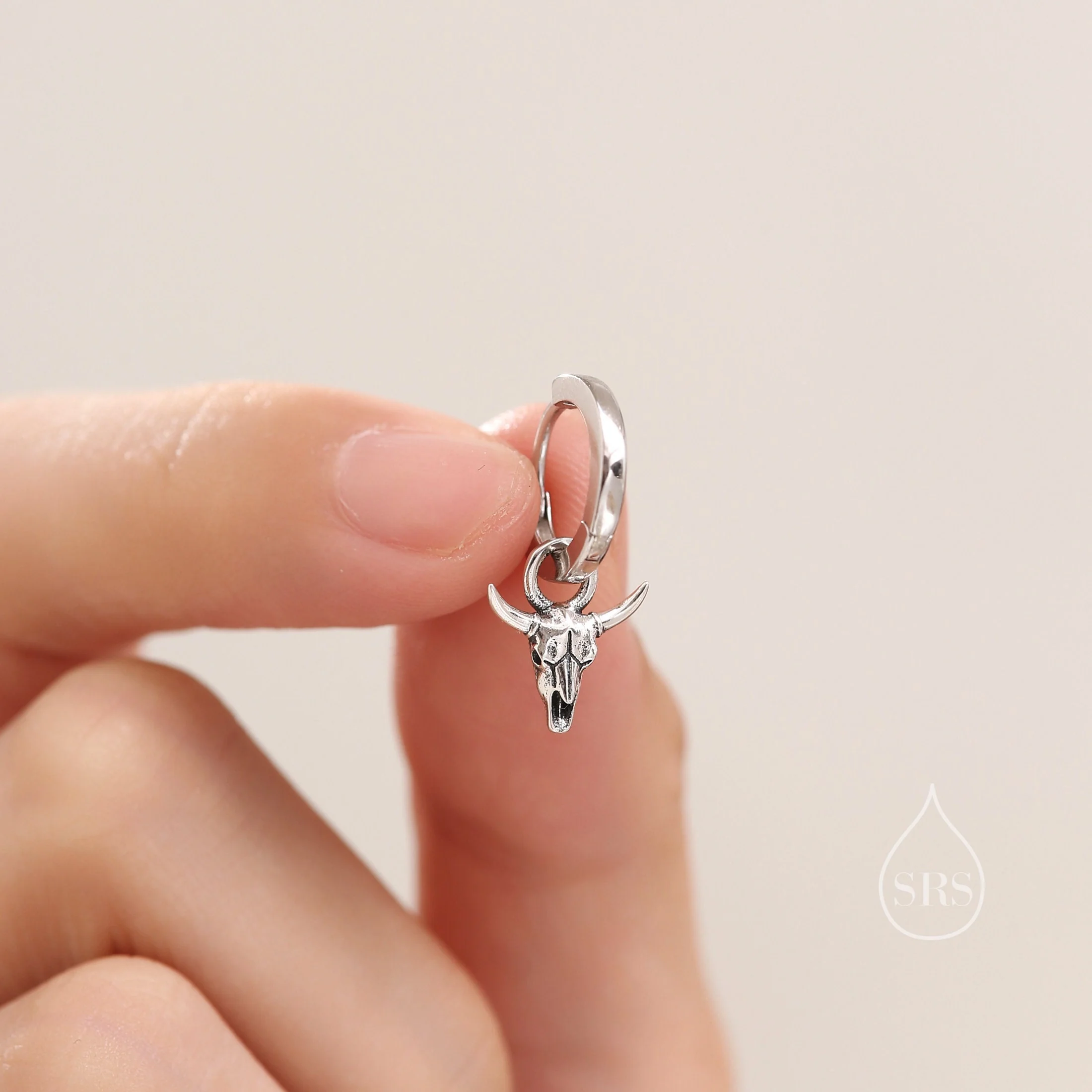 Tiny Bull Skull Huggie Hoop Earrings in Sterling Silver, Bull Skull Earrings, Animal Skull Dangle Hoops, Animal Earrings - Image 2