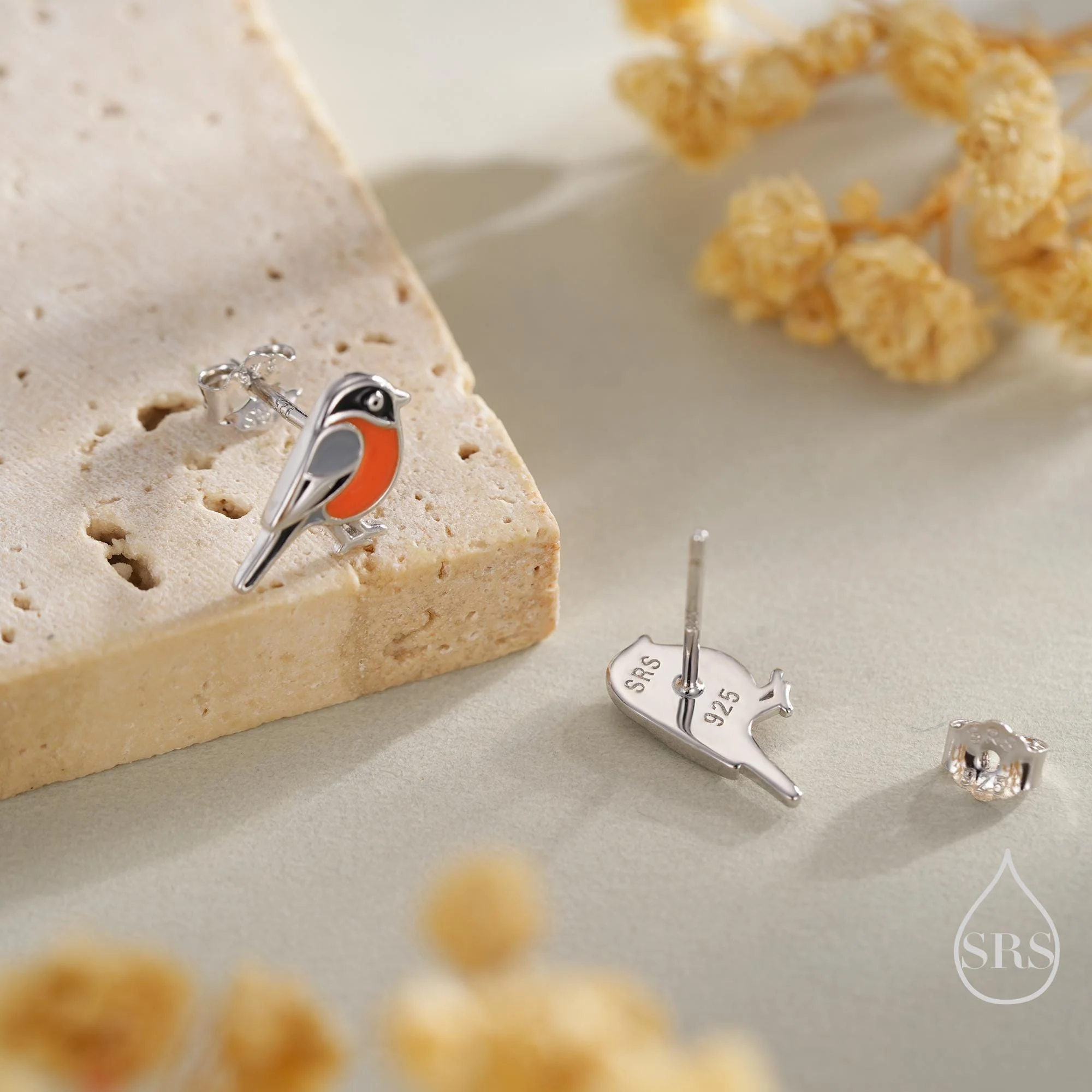 Tiny Bullfinch Bird Stud Earrings in Sterling Silver, Silver or Gold, Enamel Bird Earrings, Nature Inspired Animal Earrings - Image 3