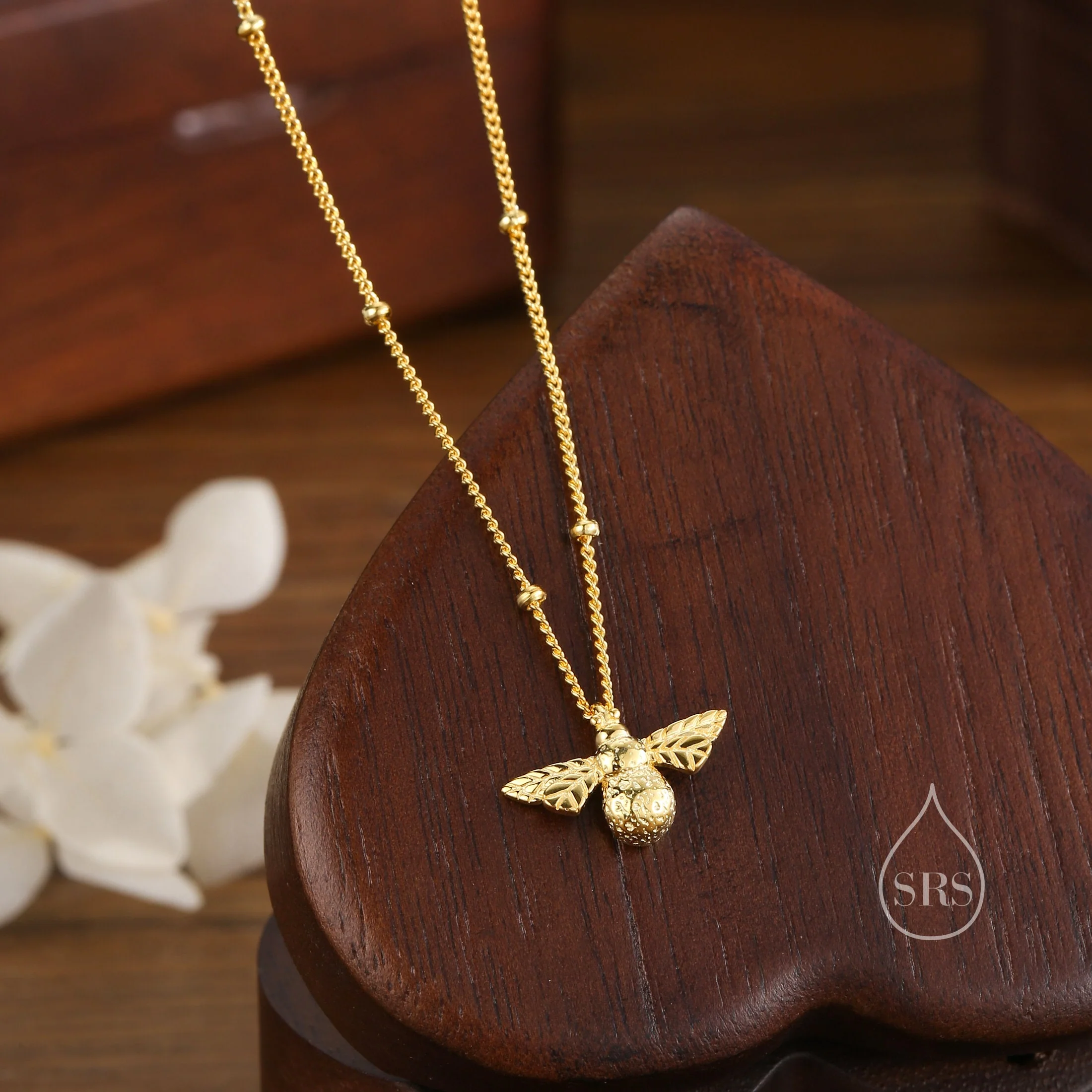 Tiny Bumble Bee Pendant Necklace in Sterling Silver, Silver or Gold, Beaded Chain Bee Necklace, Satellite Chain, Nature Inspired - Image 5