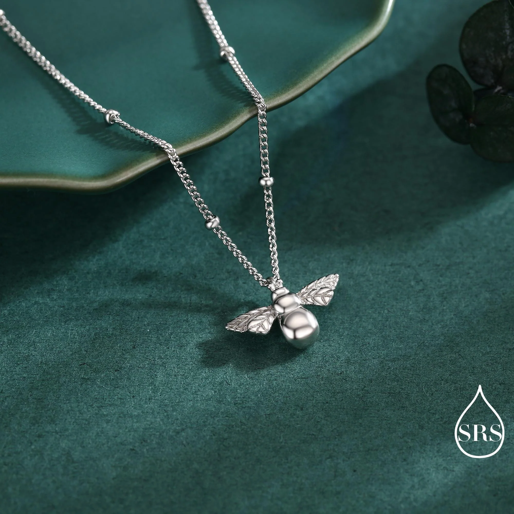 Tiny Bumble Bee Pendant Necklace in Sterling Silver, Silver or Gold, Beaded Chain, Satellite Chain, Nature Inspired Animal Jewellery