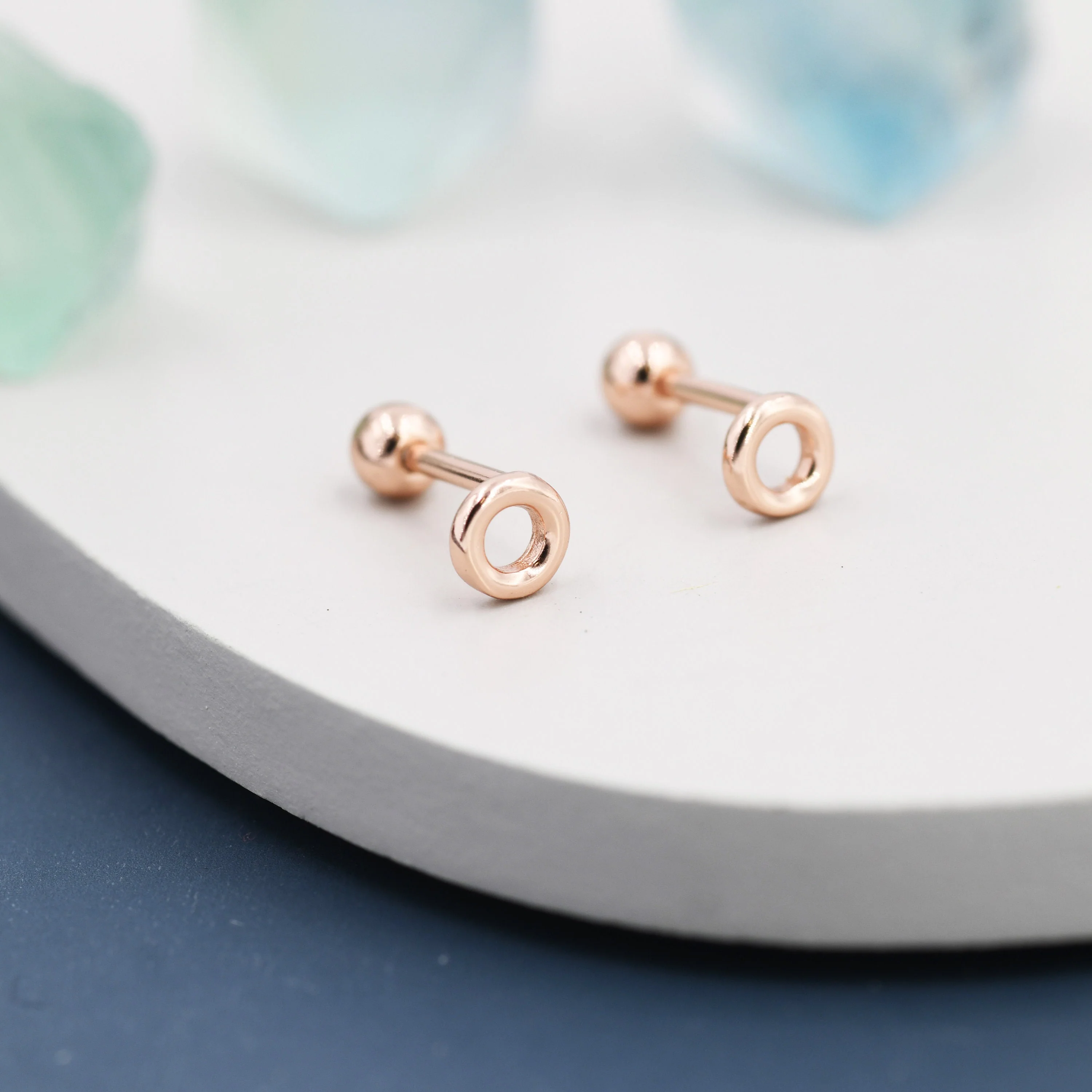 Tiny Circle Barbell Earrings in Sterling Silver, Open Circle Screw Back Earrings, Silver, Gold or Rose Gold, Minimalist Geometric Design - Image 4