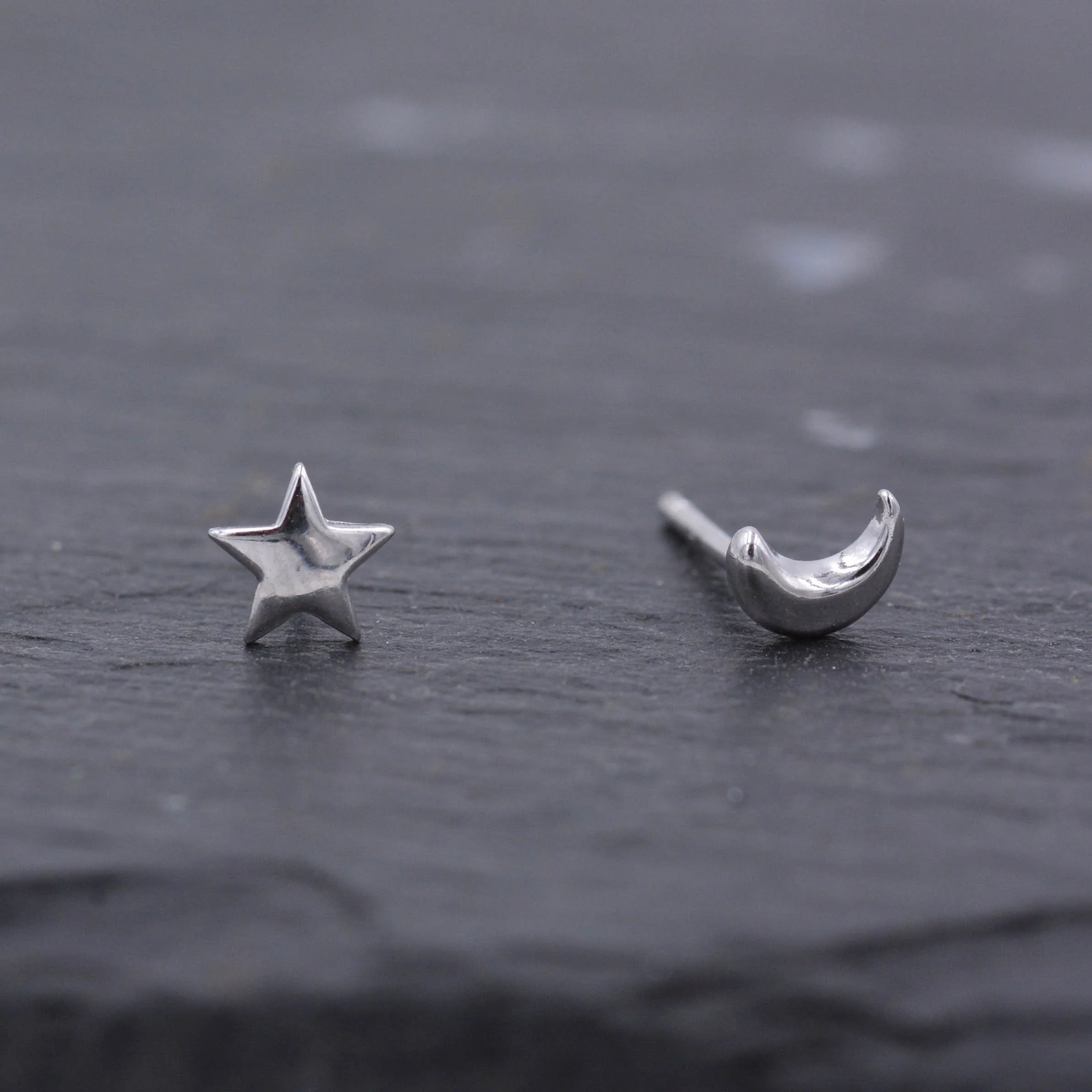 Tiny Crescent Moon and Star Mismatched Asymmetric Stud Earrings in Sterling Silver, Cute Fun and Quirky - Image 3
