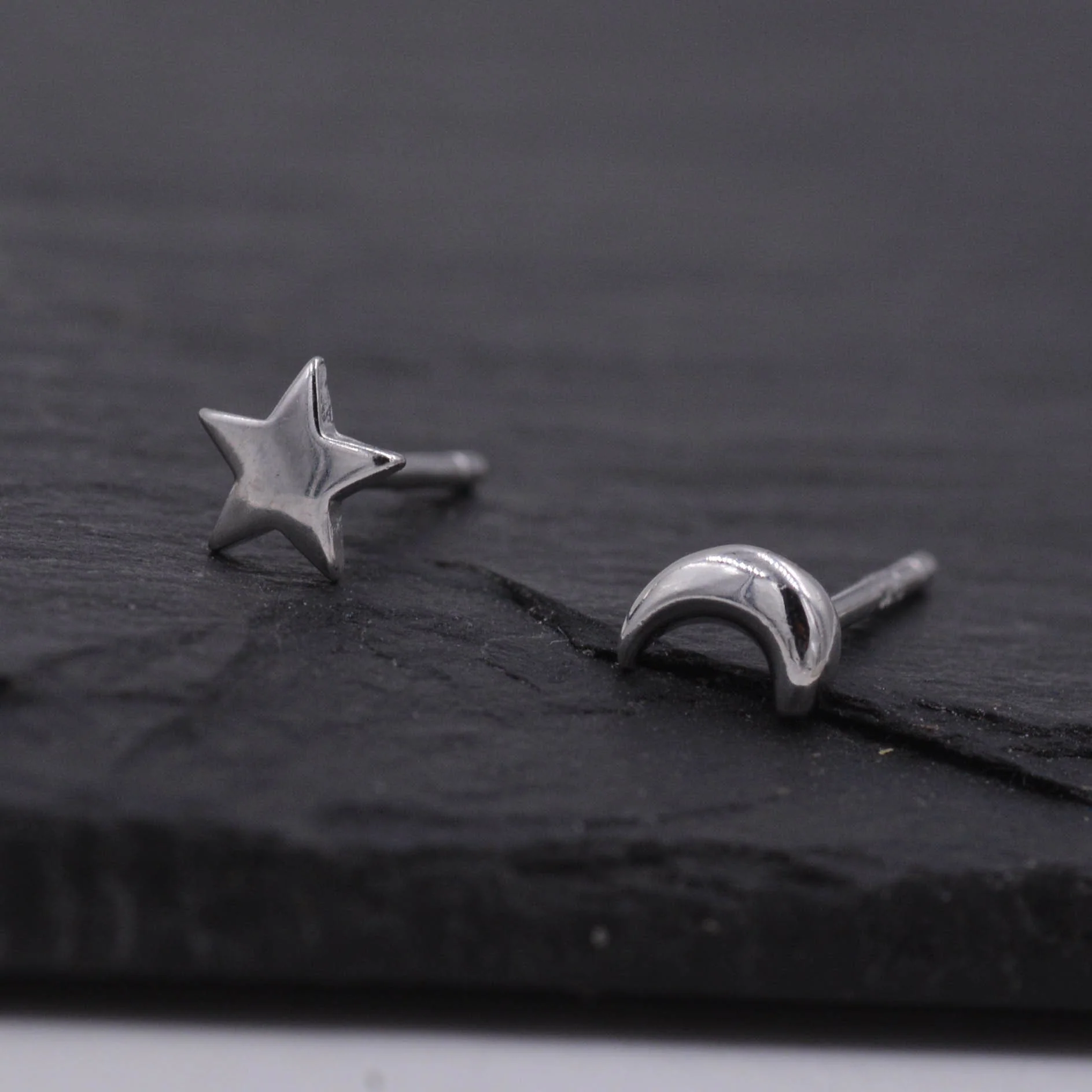 Tiny Crescent Moon and Star Mismatched Asymmetric Stud Earrings in Sterling Silver, Cute Fun and Quirky - Image 4