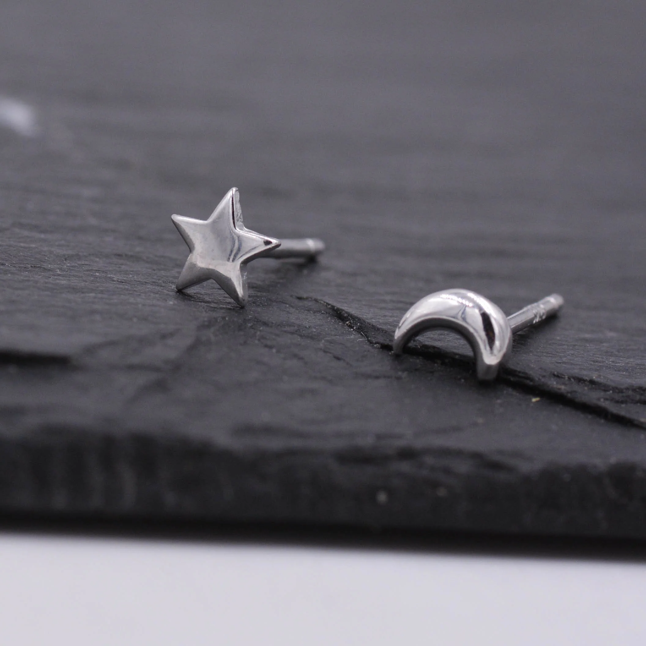 Tiny Crescent Moon and Star Mismatched Asymmetric Stud Earrings in Sterling Silver, Cute Fun and Quirky - Image 5