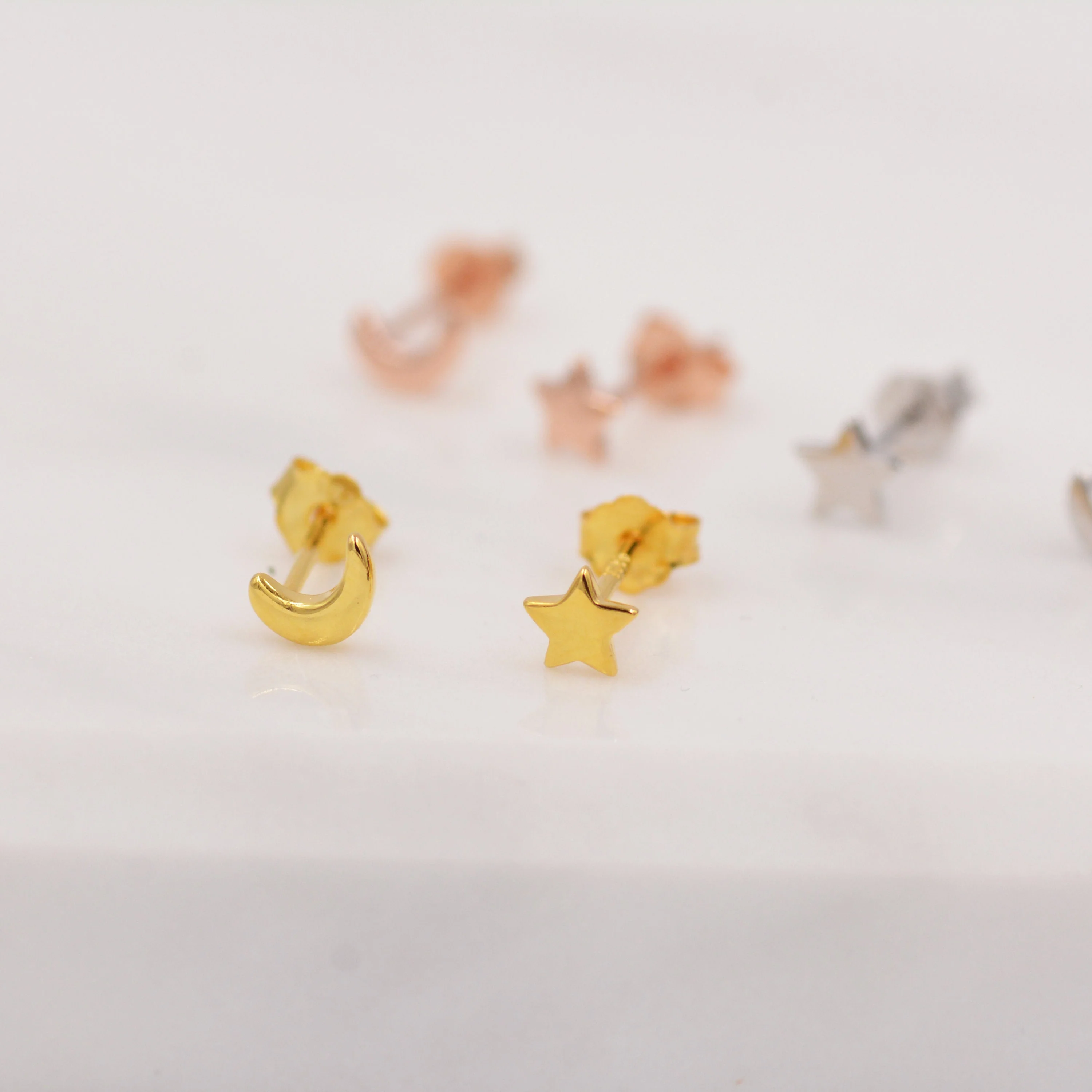 Tiny Crescent Moon and Star Mismatched Asymmetric Stud Earrings in Sterling Silver, Cute Fun and Quirky - Image 7