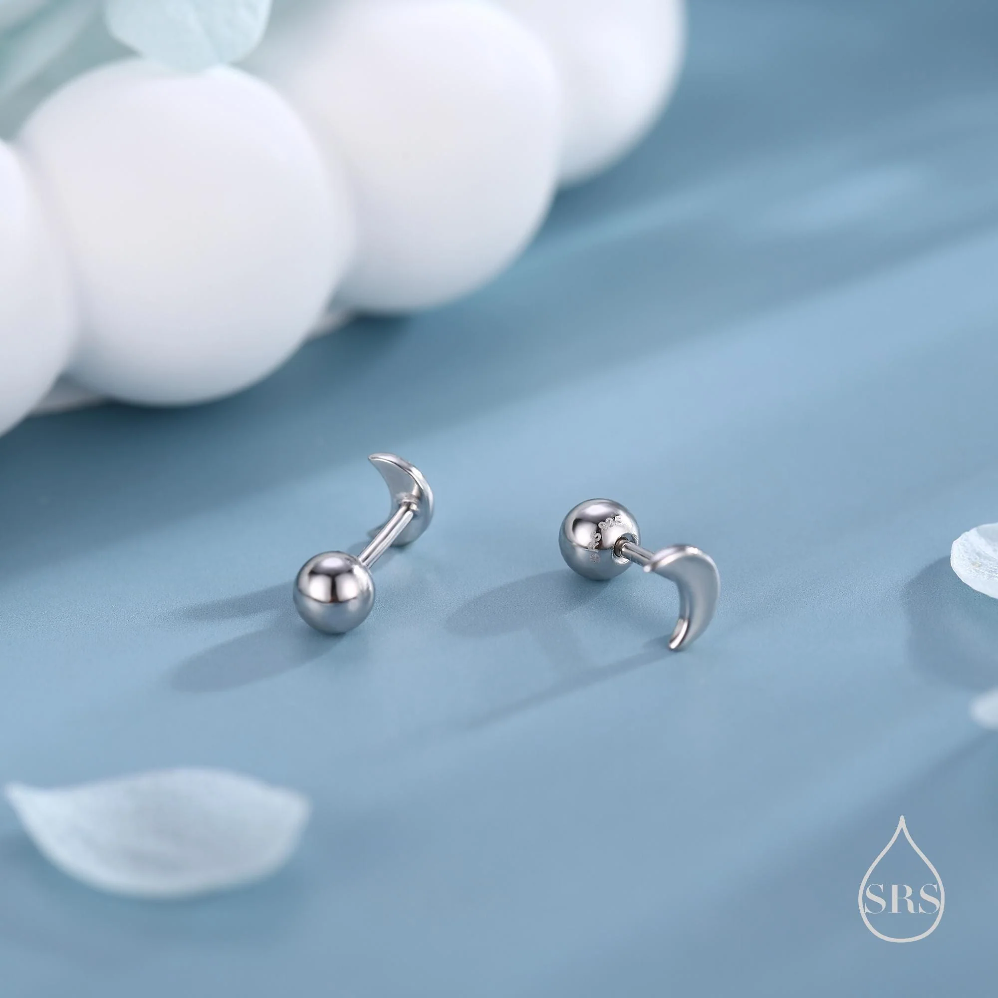 Tiny Crescent Moon Barbell Earrings in Sterling Silver, Screw back Moon Earrings, Celestial Earrings - Image 5
