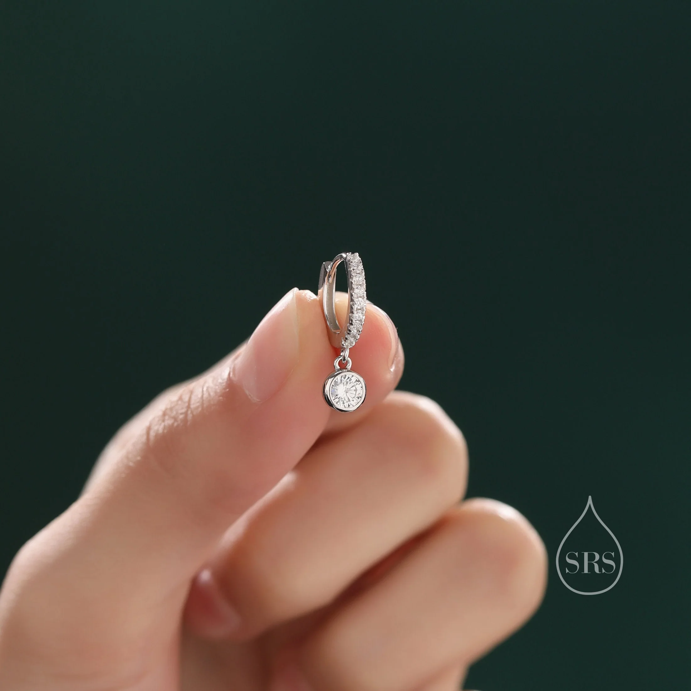 Tiny CZ Dangle Huggie Hoop in Sterling Silver, Silver or Gold or Rose Gold, Skinny CZ Dangle Earrings, CZ Hoops - Image 3