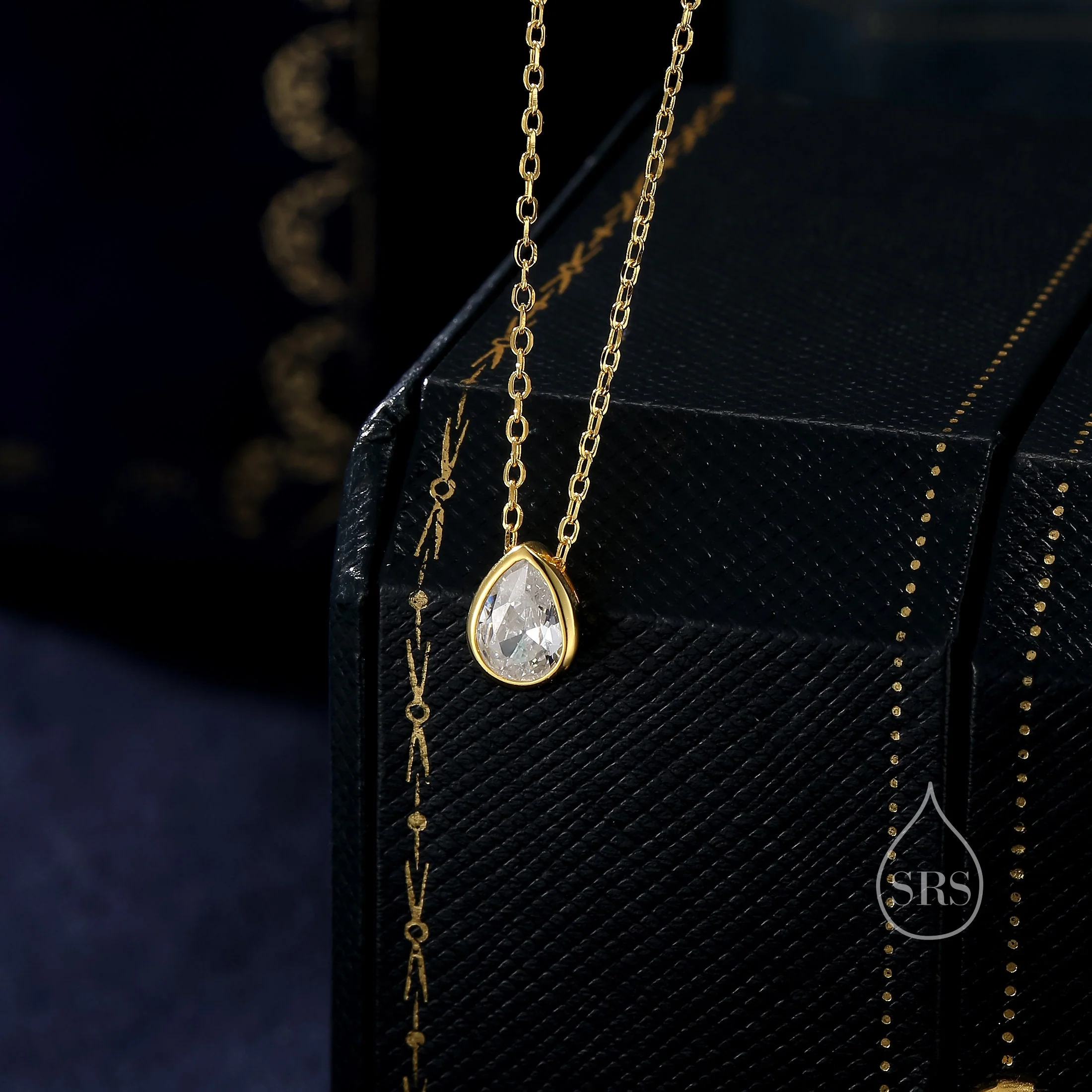 Tiny CZ Droplet Pendant Necklace in Sterling Silver, Silver or Gold, Minimalist Pear Cut CZ Necklace Available in Black, Green, or Blue - Image 2