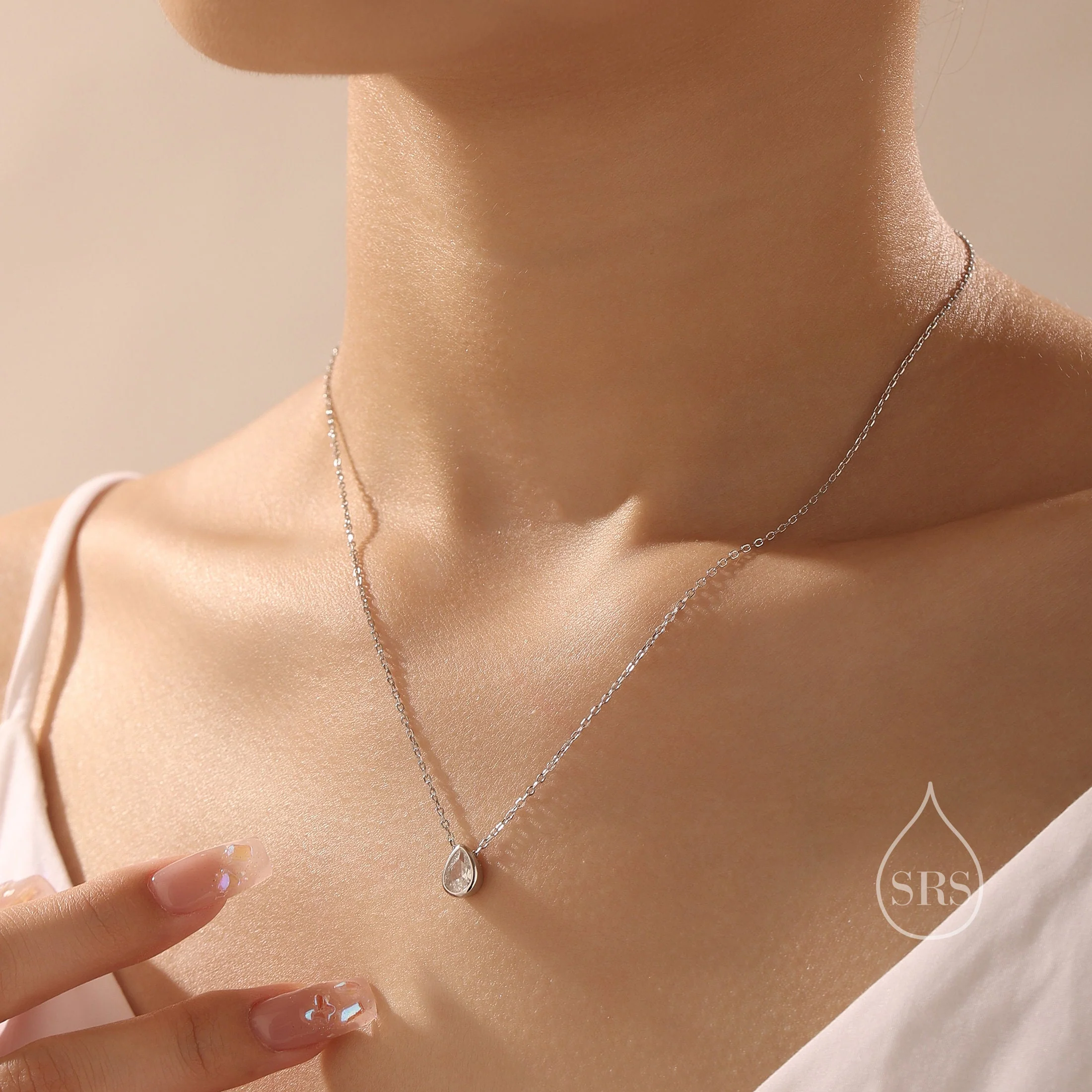 Tiny CZ Droplet Pendant Necklace in Sterling Silver, Silver or Gold, Minimalist Pear Cut CZ Necklace Available in Black, Green, or Blue - Image 8