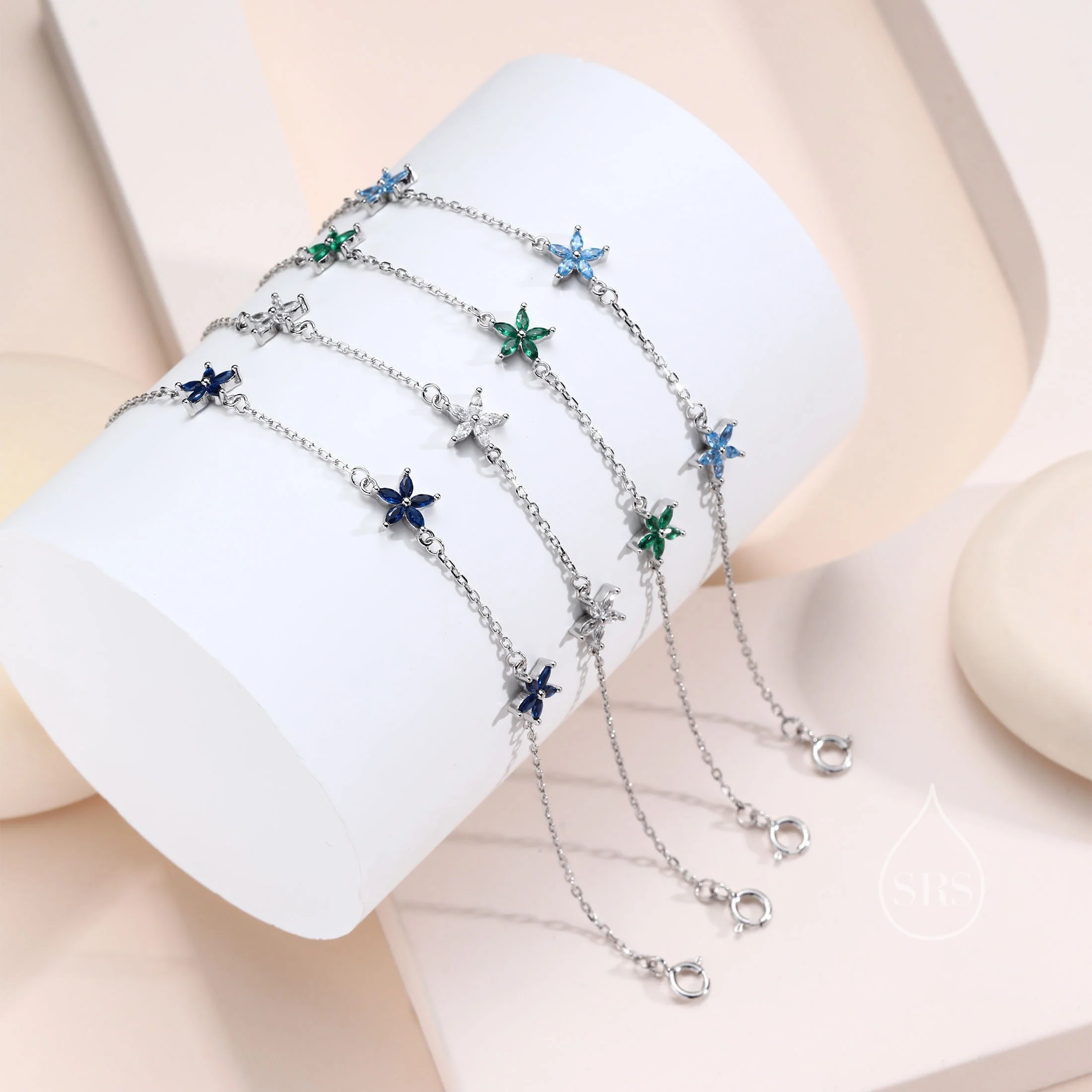Tiny CZ Flower Bracelet in Sterling Silver, Silver or Gold , Available in 4 Colours, Silver or Gold, Marquise Flower Bracelet - Image 10