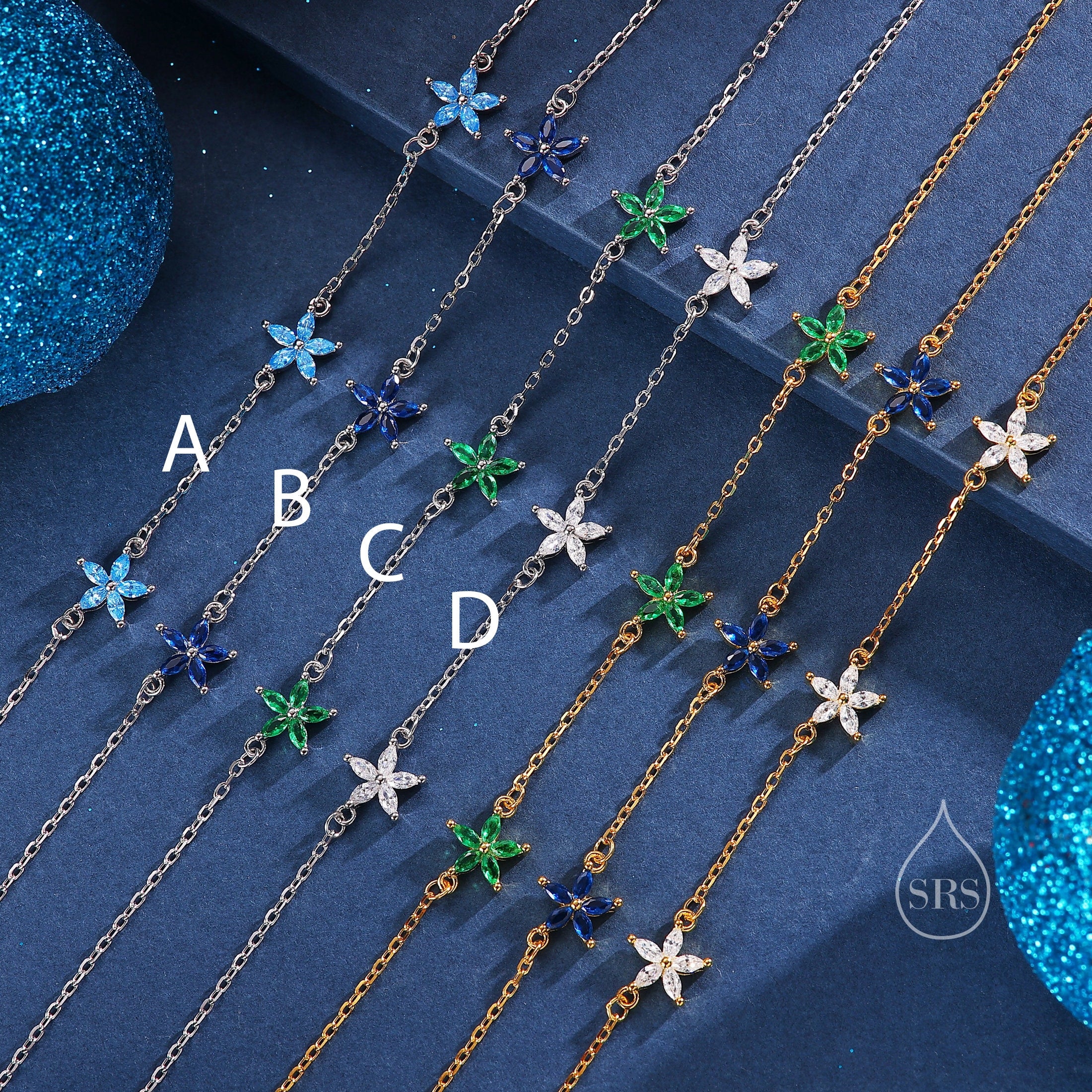 Tiny CZ Flower Bracelet in Sterling Silver, Silver or Gold , Available in 4 Colours, Silver or Gold, Marquise Flower Bracelet - Image 3