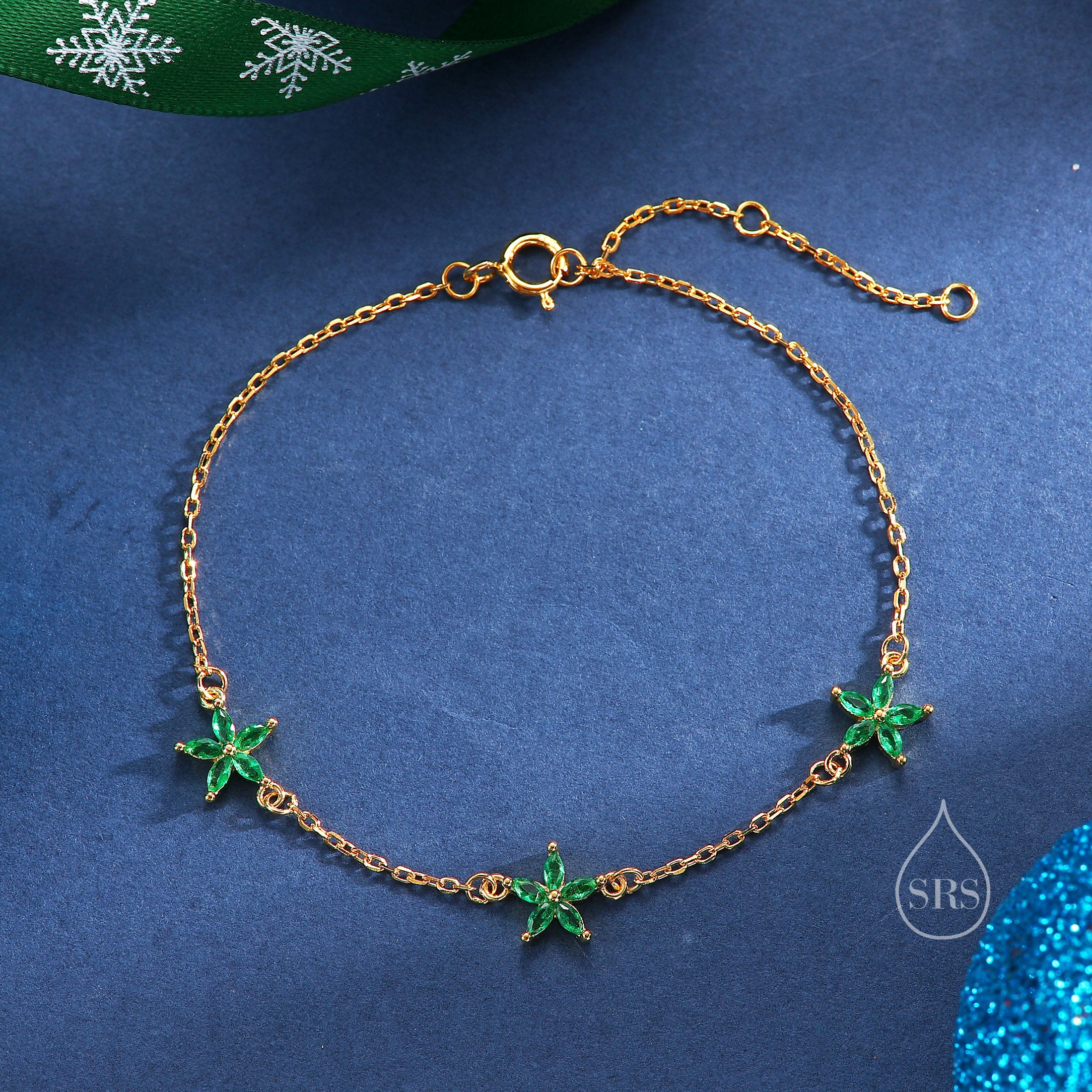 Tiny CZ Flower Bracelet in Sterling Silver, Silver or Gold , Available in 4 Colours, Silver or Gold, Marquise Flower Bracelet - Image 4