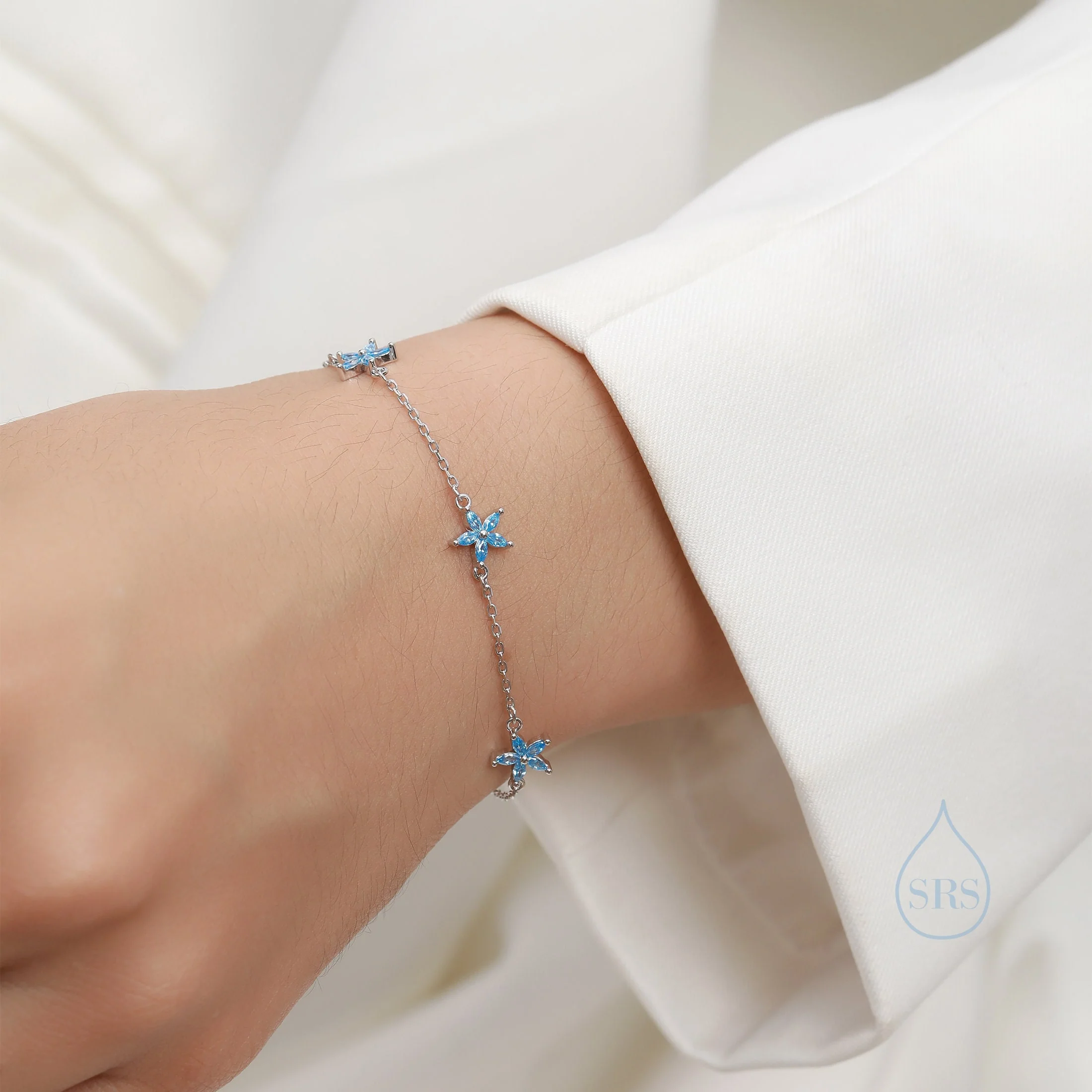 Tiny CZ Flower Bracelet in Sterling Silver, Silver or Gold , Available in 4 Colours, Silver or Gold, Marquise Flower Bracelet - Image 7