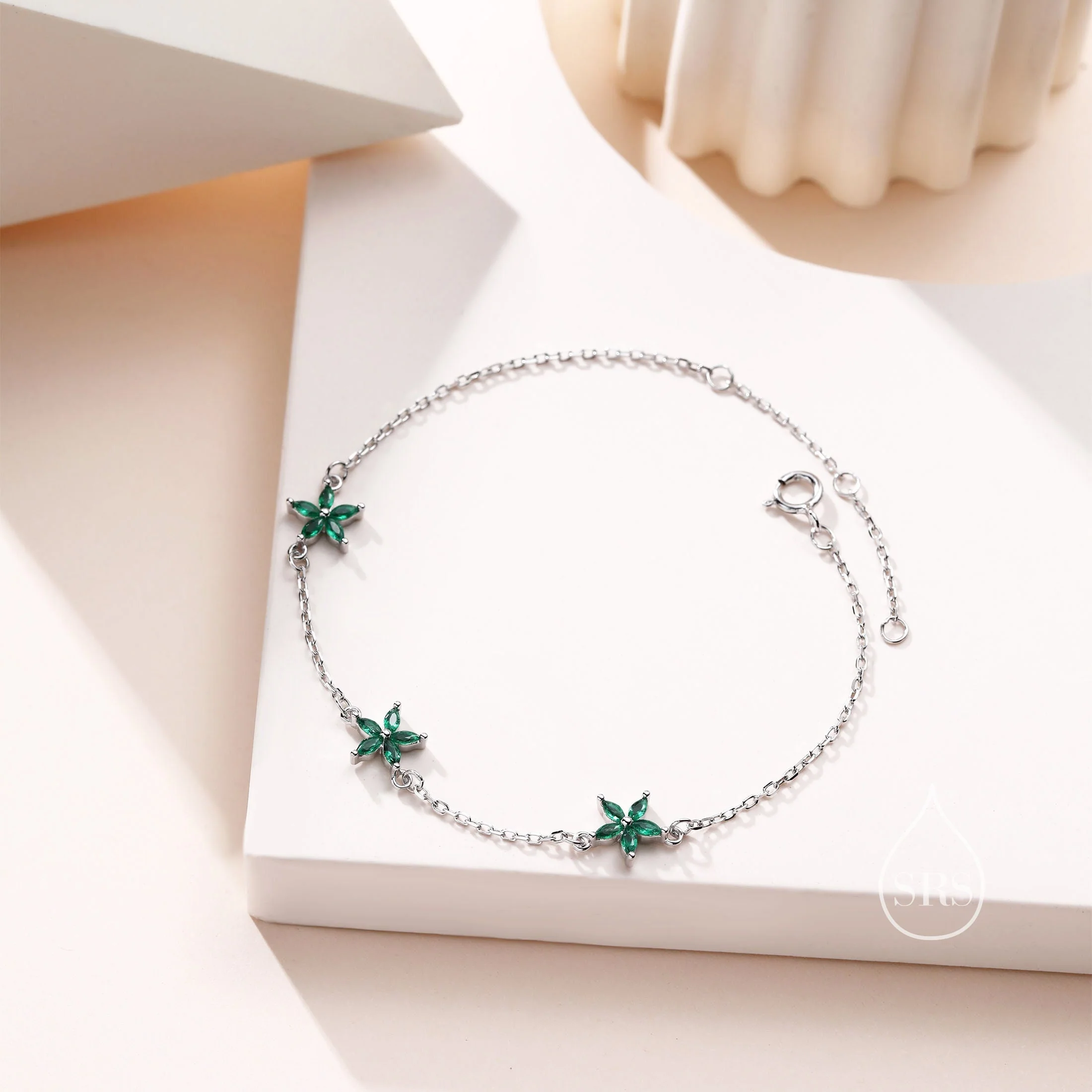 Tiny CZ Flower Bracelet in Sterling Silver, Silver or Gold , Available in 4 Colours, Silver or Gold, Marquise Flower Bracelet - Image 2