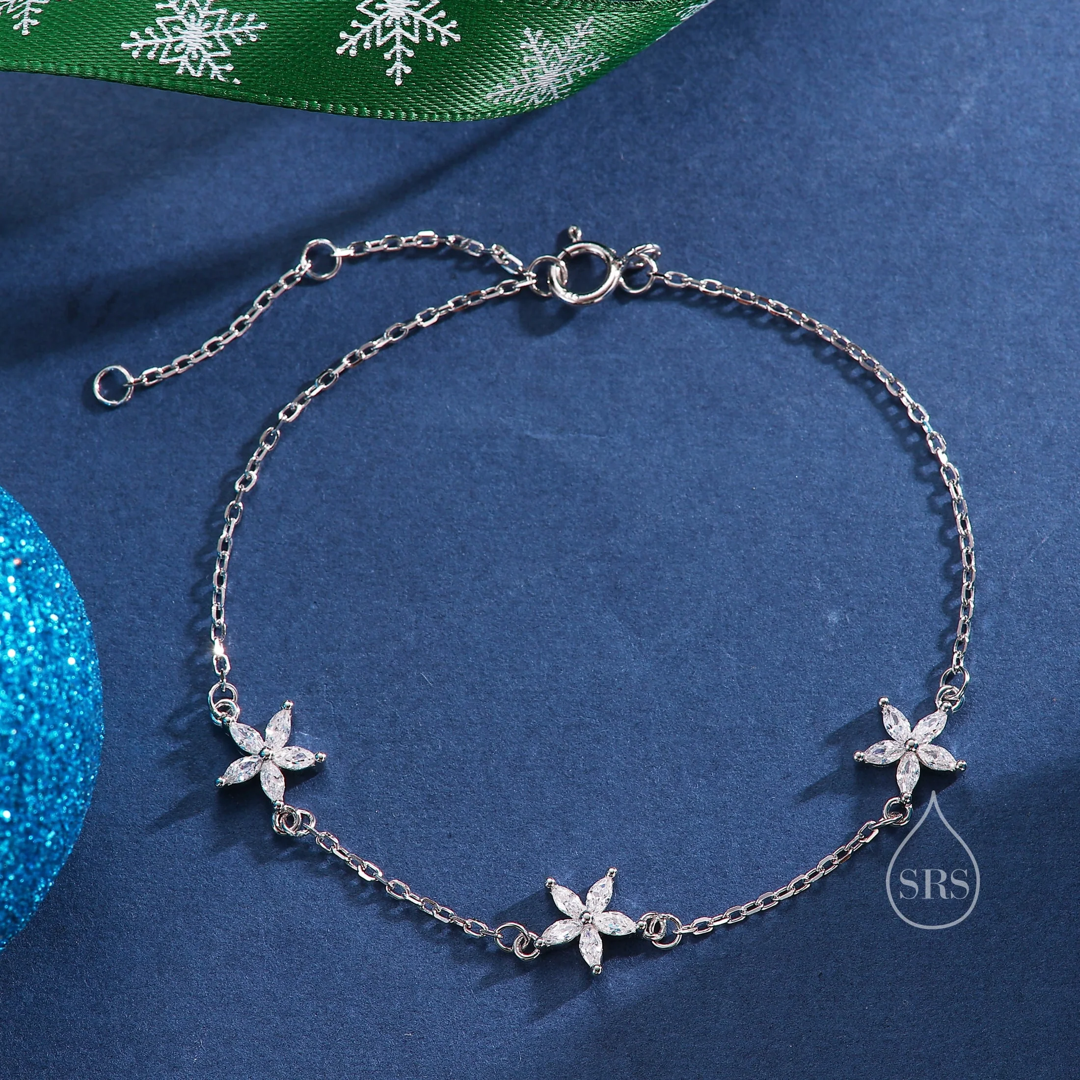 Tiny CZ Flower Bracelet in Sterling Silver, Silver or Gold , Available in 4 Colours, Silver or Gold, Marquise Flower Bracelet - Image 4