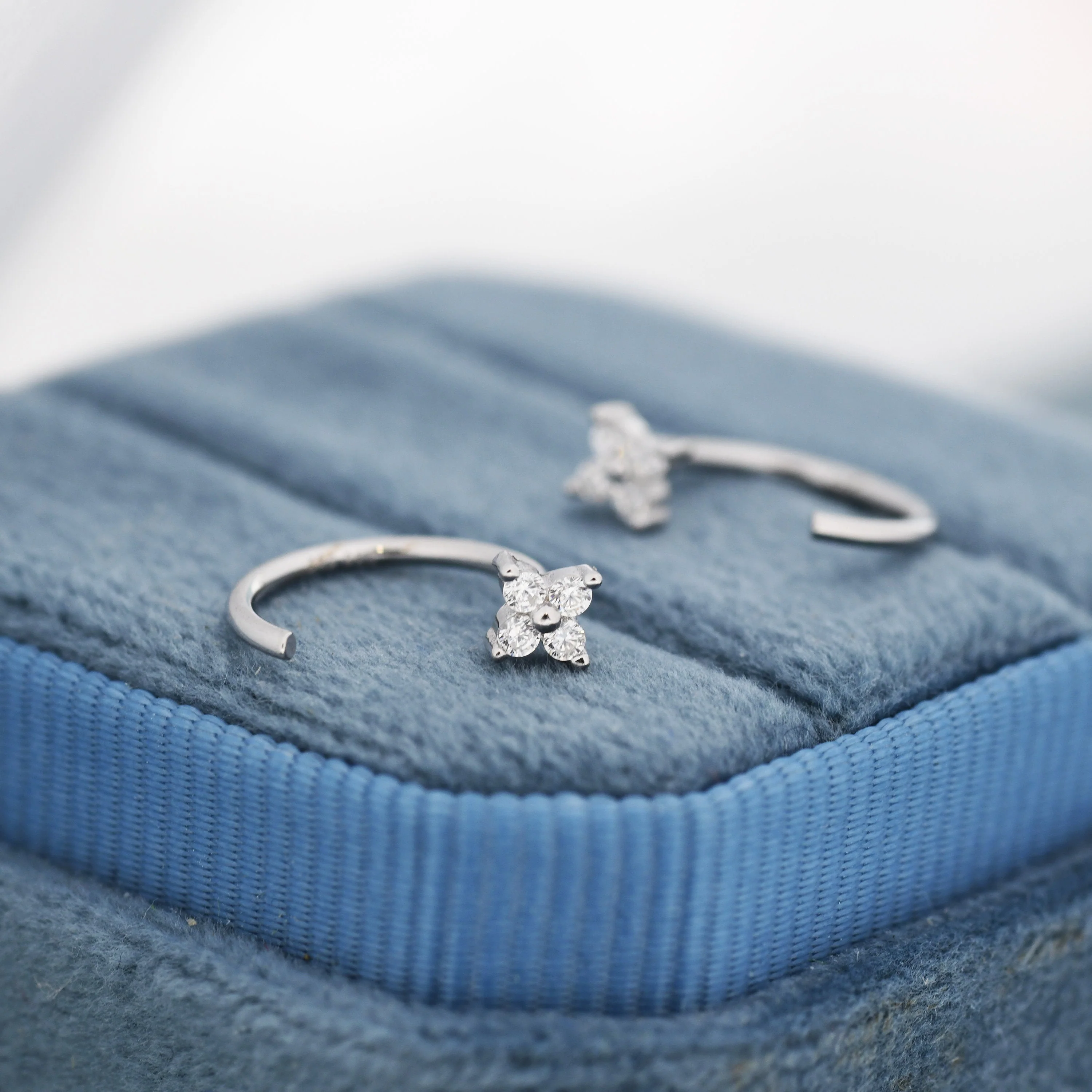 Tiny CZ Flower Huggie Hoop Earrings in Sterling Silver, Open Hoop Earrings, Pull-Through Threader Earrings, Half Hoop Earrings - Image 2