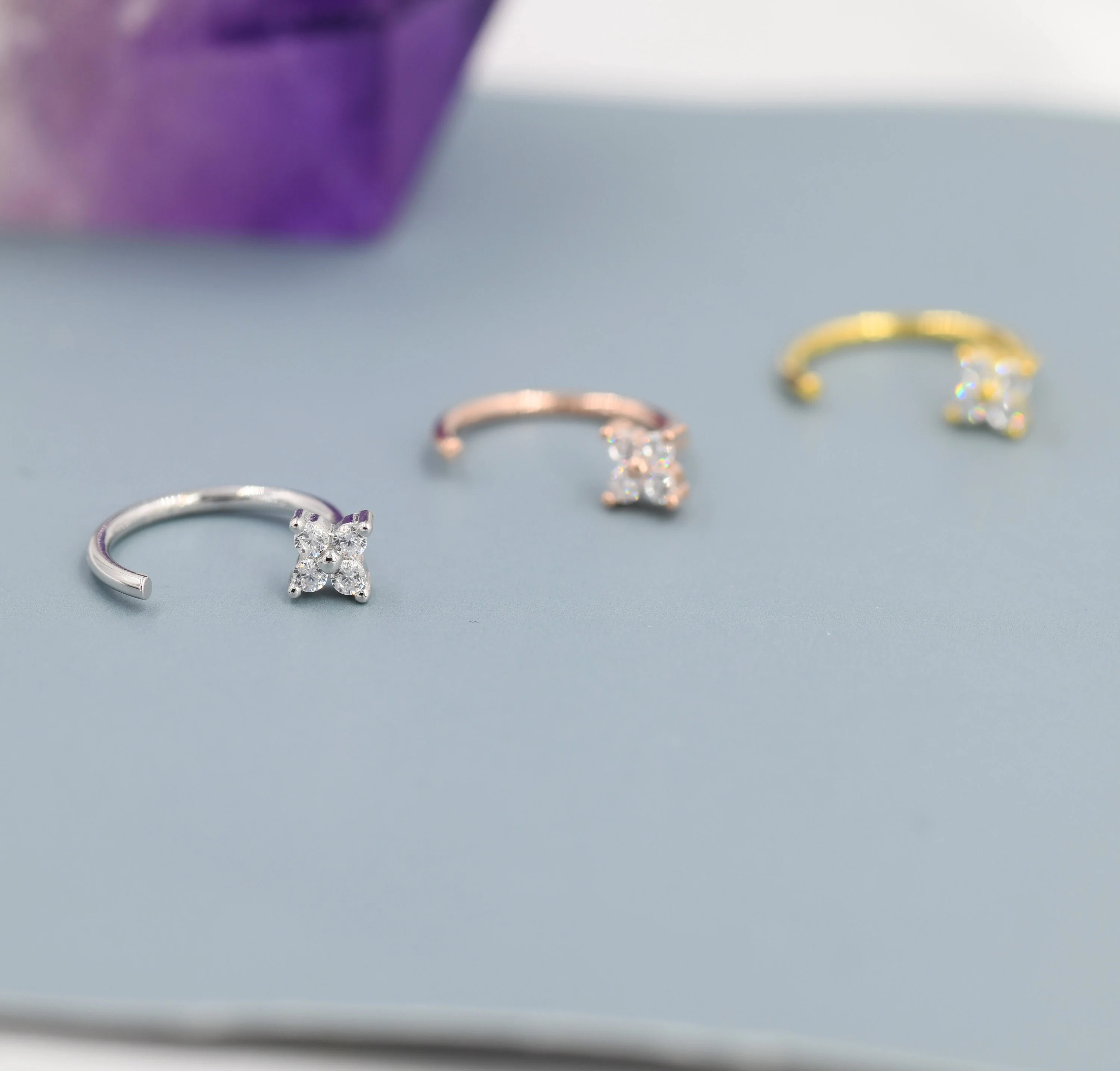 Tiny CZ Flower Huggie Hoop Earrings in Sterling Silver, Open Hoop Earrings, Pull-Through Threader Earrings, Half Hoop Earrings - Image 3
