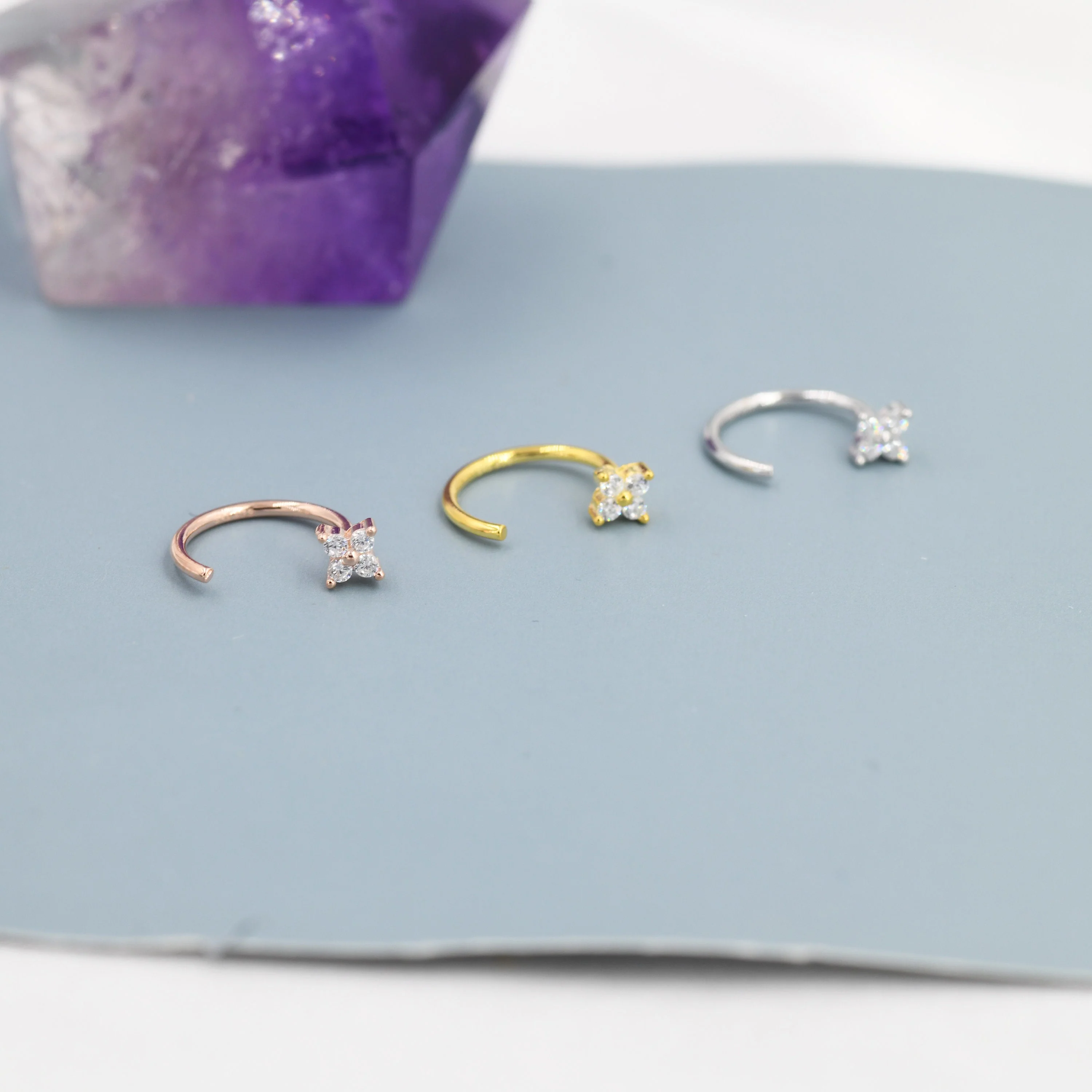 Tiny CZ Flower Huggie Hoop Earrings in Sterling Silver, Open Hoop Earrings, Pull-Through Threader Earrings, Half Hoop Earrings - Image 4