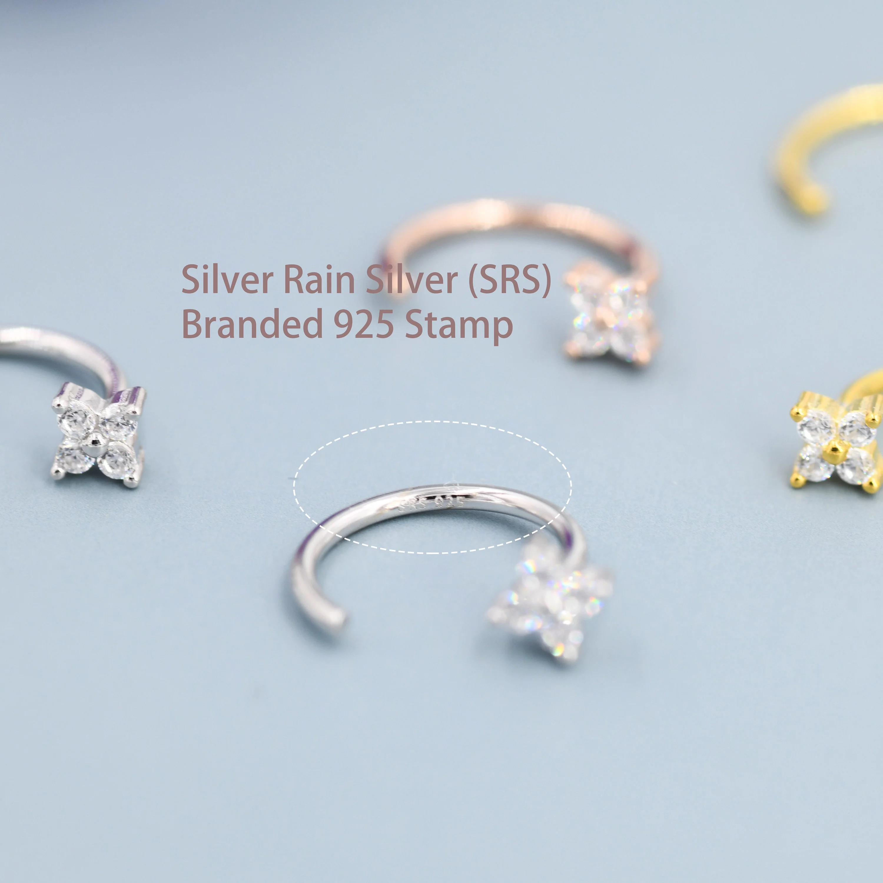 Tiny CZ Flower Huggie Hoop Earrings in Sterling Silver, Open Hoop Earrings, Pull-Through Threader Earrings, Half Hoop Earrings - Image 5