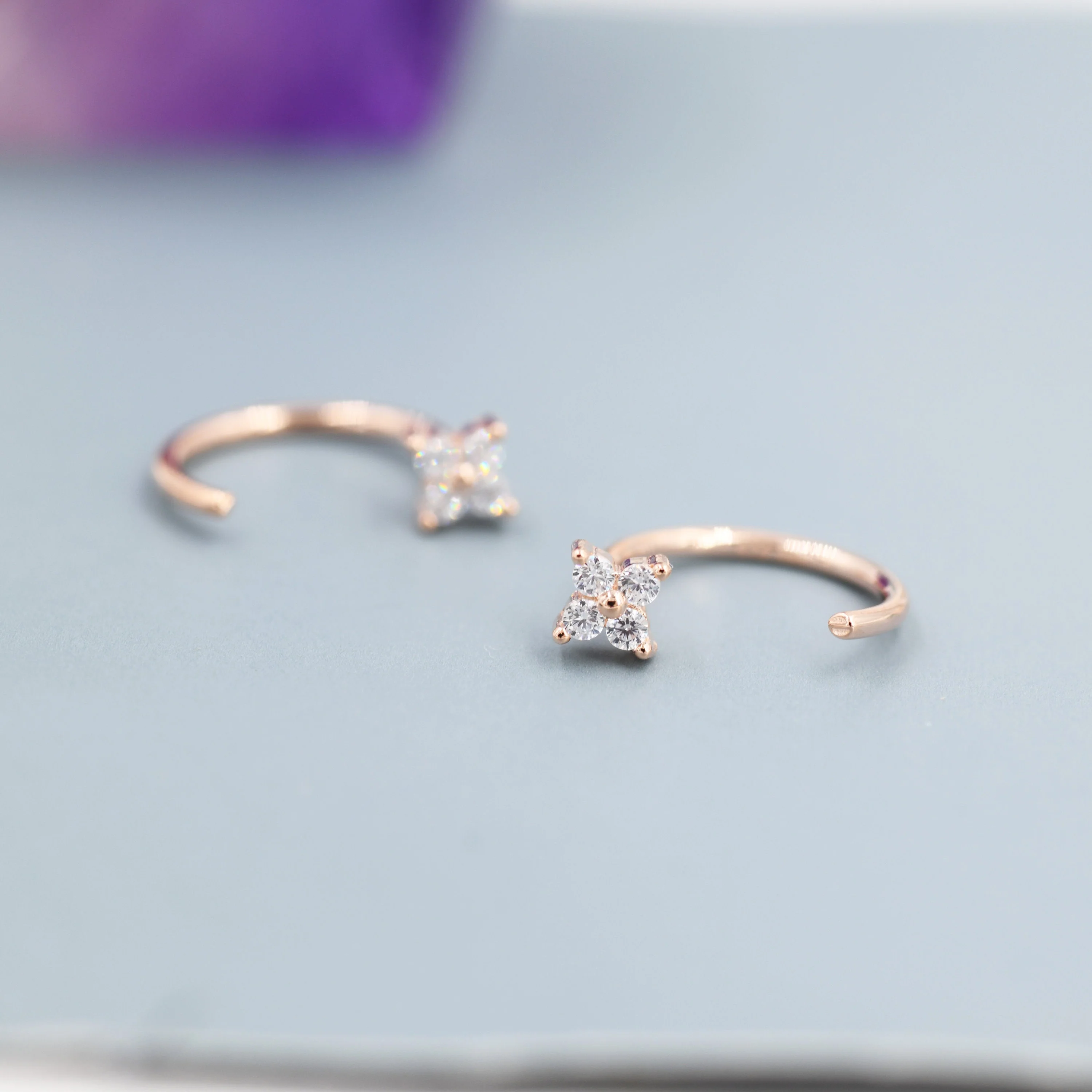Tiny CZ Flower Huggie Hoop Earrings in Sterling Silver, Open Hoop Earrings, Pull-Through Threader Earrings, Half Hoop Earrings - Image 6