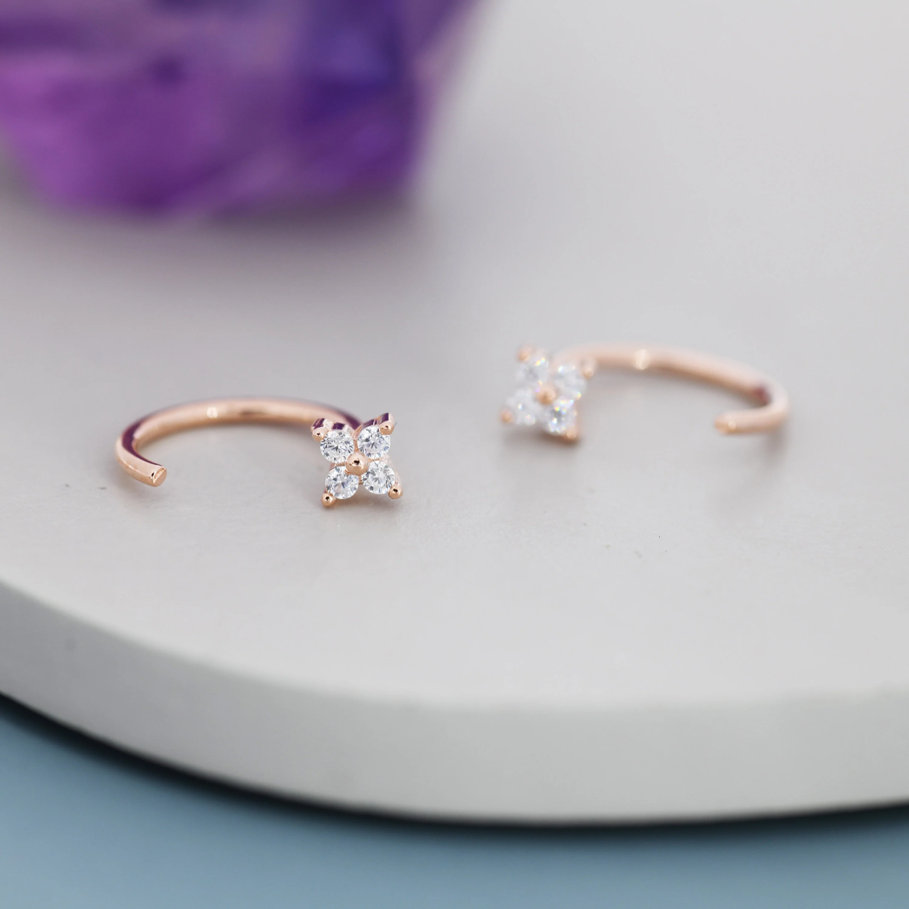 Tiny CZ Flower Huggie Hoop Earrings in Sterling Silver, Open Hoop Earrings, Pull-Through Threader Earrings, Half Hoop Earrings - Image 7