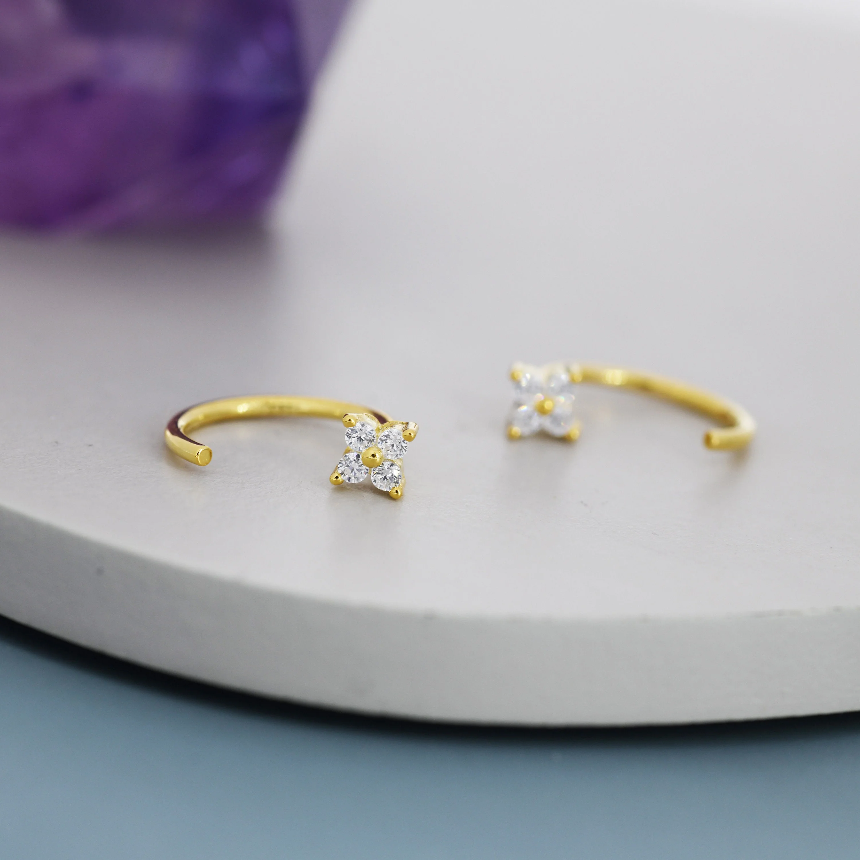 Tiny CZ Flower Huggie Hoop Earrings in Sterling Silver, Open Hoop Earrings, Pull-Through Threader Earrings, Half Hoop Earrings - Image 8