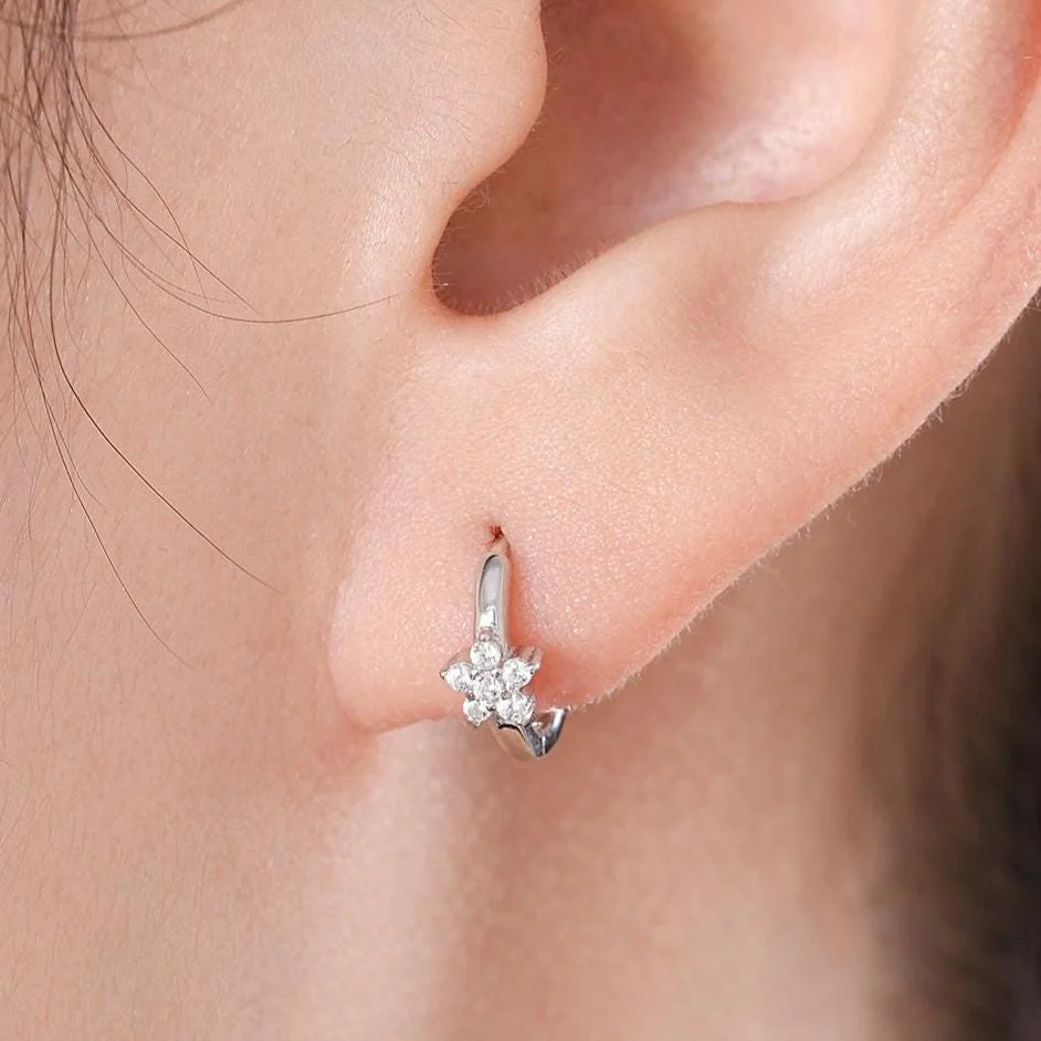 Tiny CZ Flower Huggie Hoops, CZ Hoop Earrings, Crystal Flower Huggie Earrings