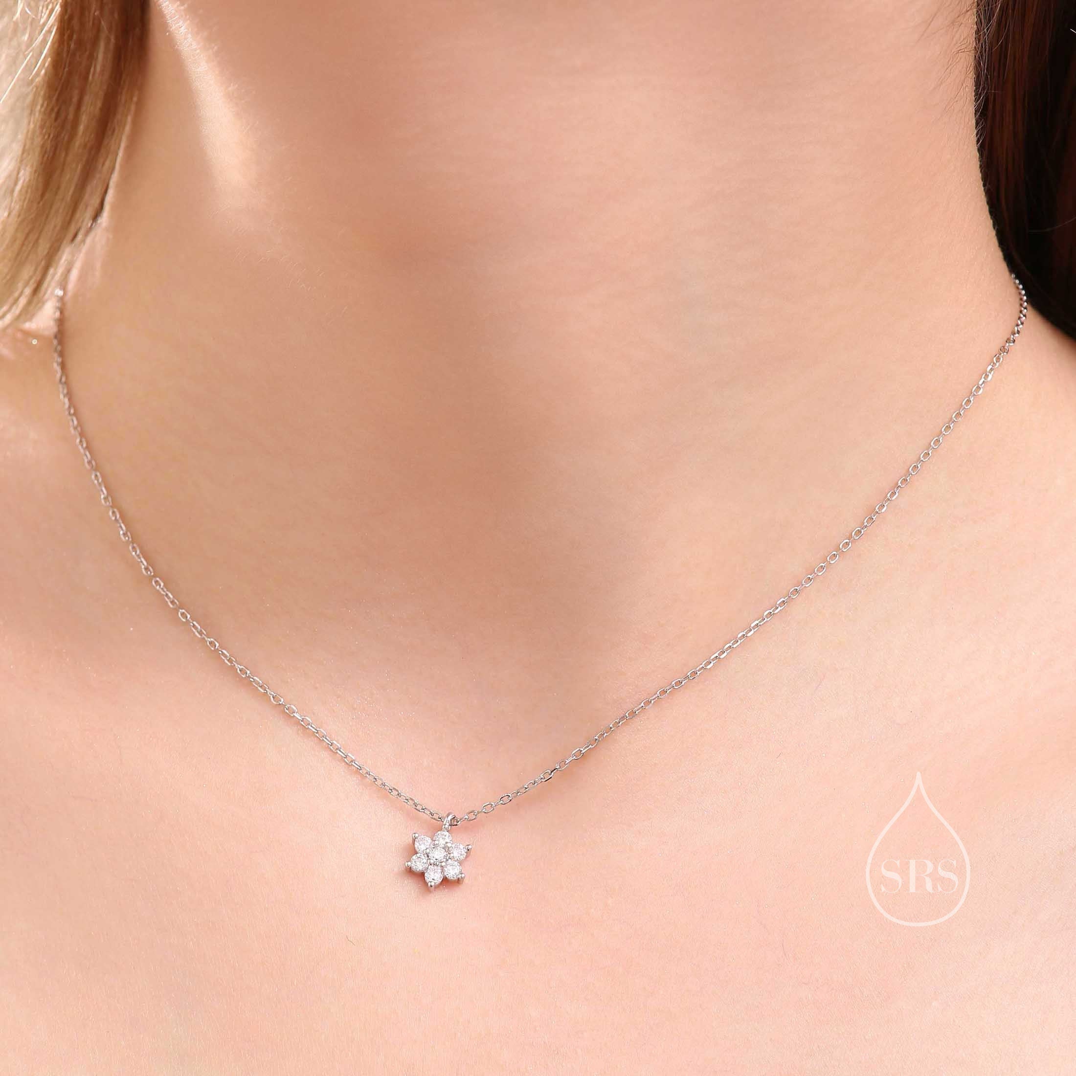 Tiny CZ Flower Necklace in Sterling Silver, Silver or Gold or Rose Gold, CZ Snowflake Necklace, CZ Cluster Floral Necklace - Image 3