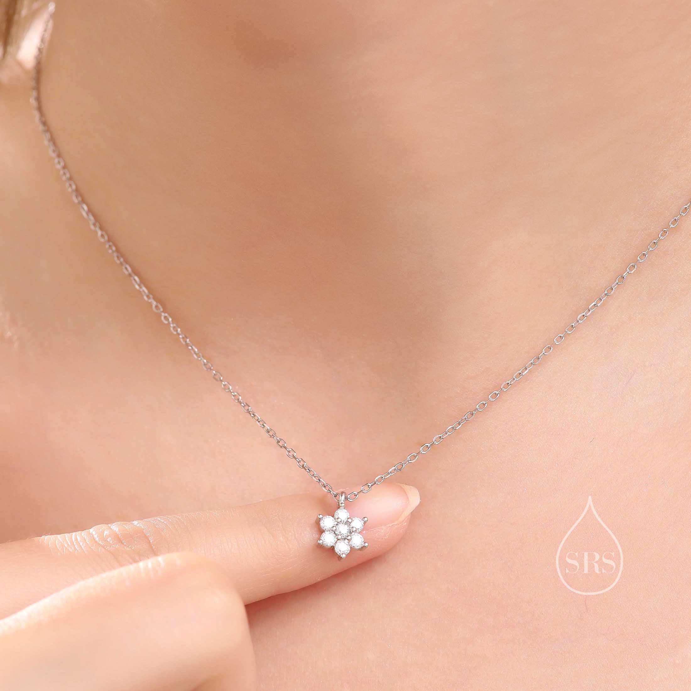 Tiny CZ Flower Necklace in Sterling Silver, Silver or Gold or Rose Gold, CZ Snowflake Necklace, CZ Cluster Floral Necklace - Image 4