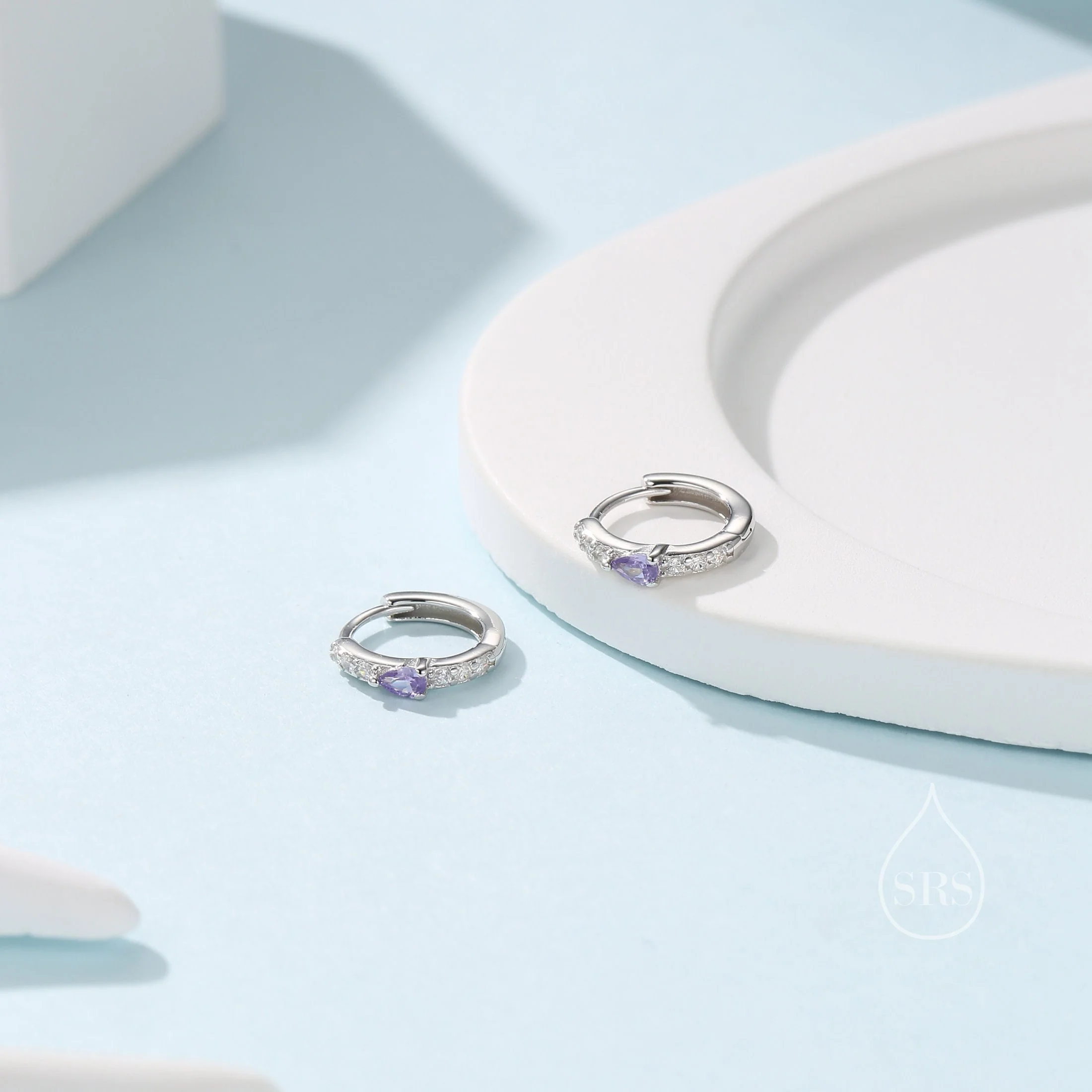 Tiny CZ Huggie Hoop Earrings in Sterling Silver with Amethyst Purple Pear CZ, Silver or Gold, Droplet CZ Hoops - Image 3