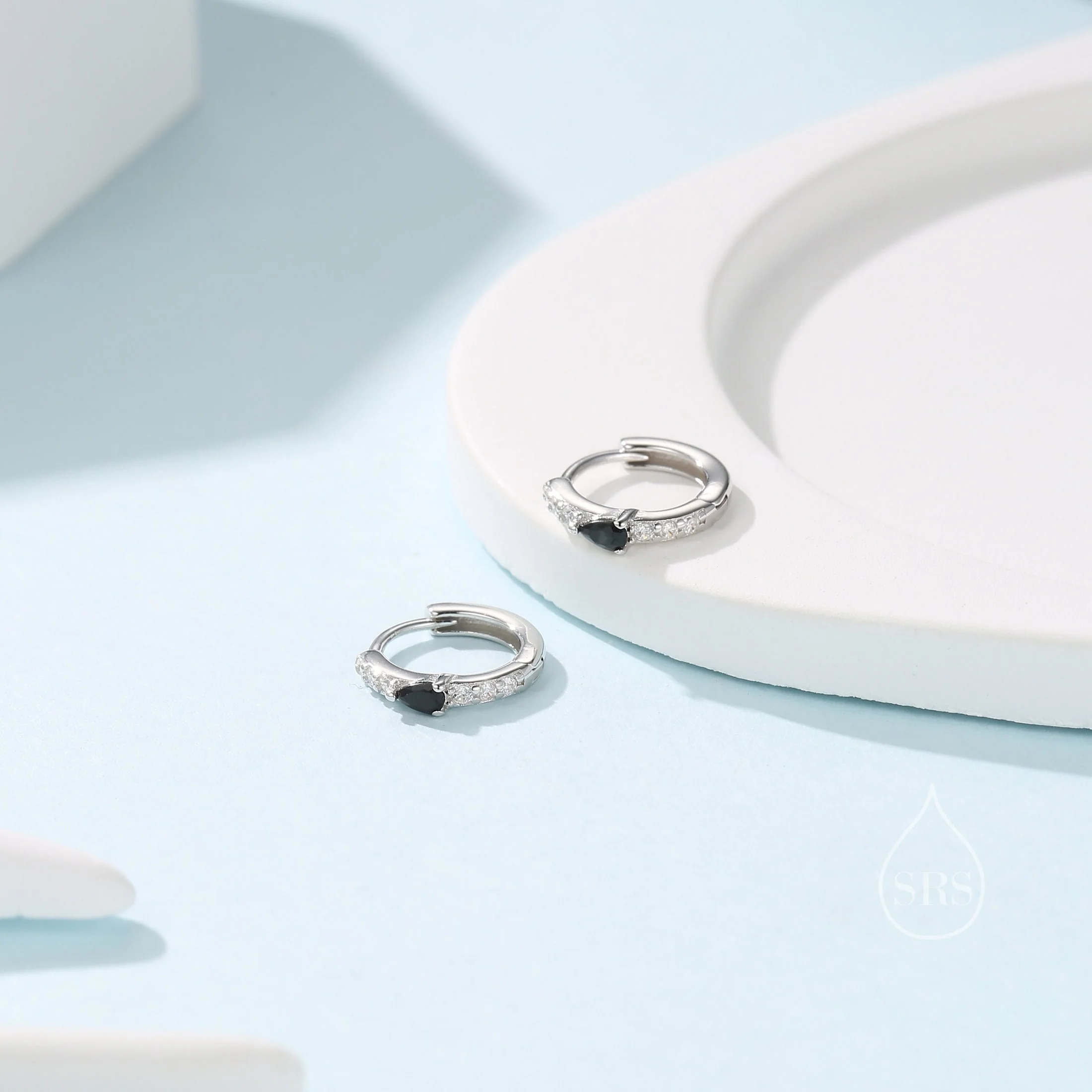 Tiny CZ Huggie Hoop Earrings in Sterling Silver with Black Pear CZ, Silver or Gold, Droplet CZ Hoops - Image 3
