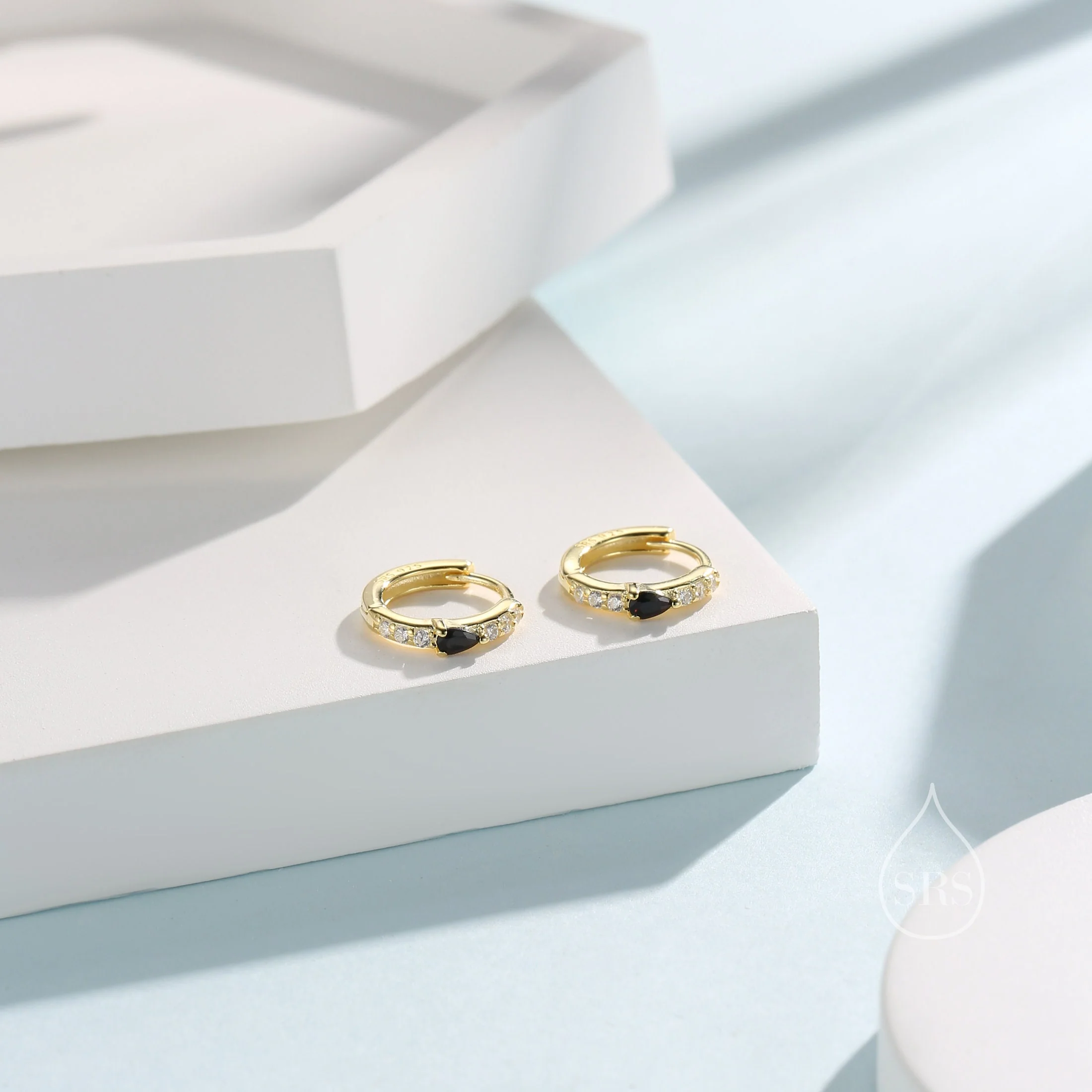 Tiny CZ Huggie Hoop Earrings in Sterling Silver with Black Pear CZ, Silver or Gold, Droplet CZ Hoops - Image 4