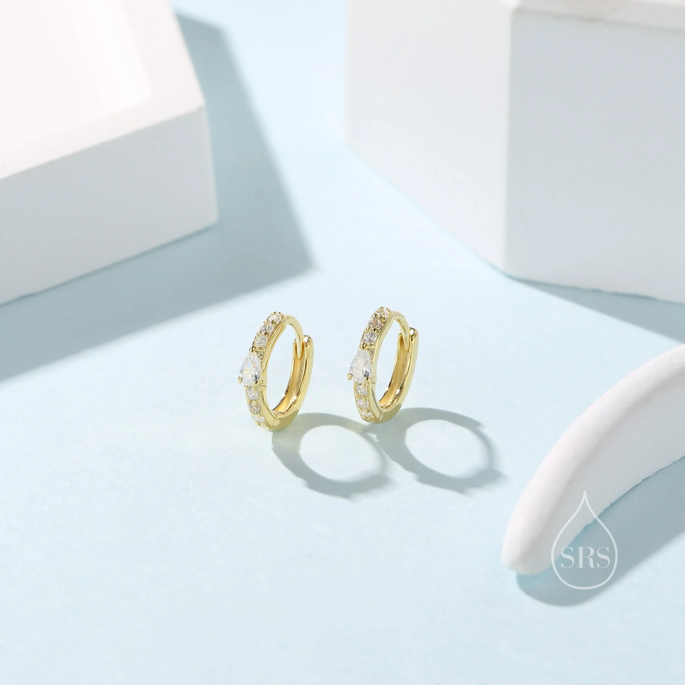 Tiny CZ Huggie Hoop Earrings in Sterling Silver with Pear CZ, Silver or Gold, Droplet CZ Hoops - Image 2