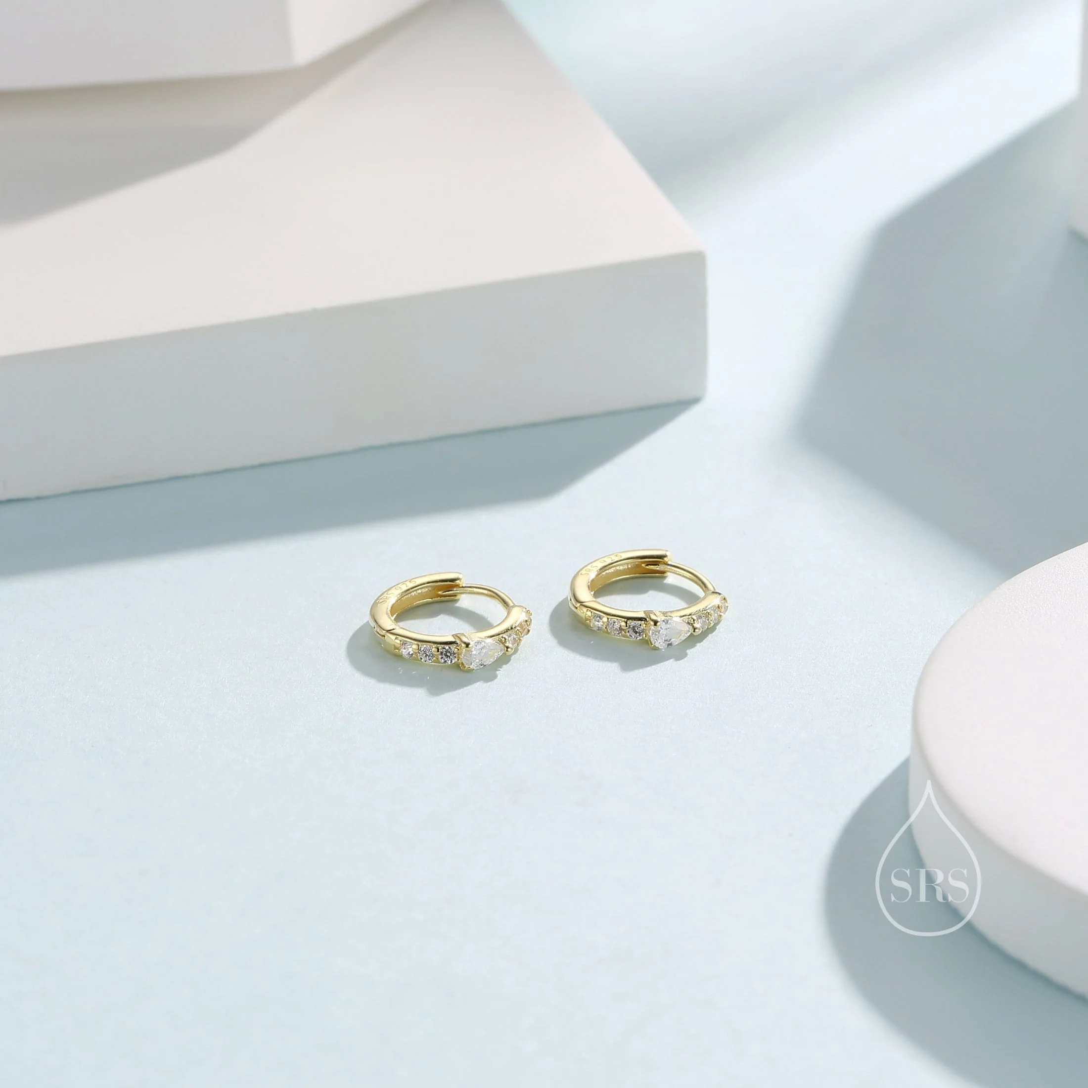 Tiny CZ Huggie Hoop Earrings in Sterling Silver with Pear CZ, Silver or Gold, Droplet CZ Hoops - Image 4