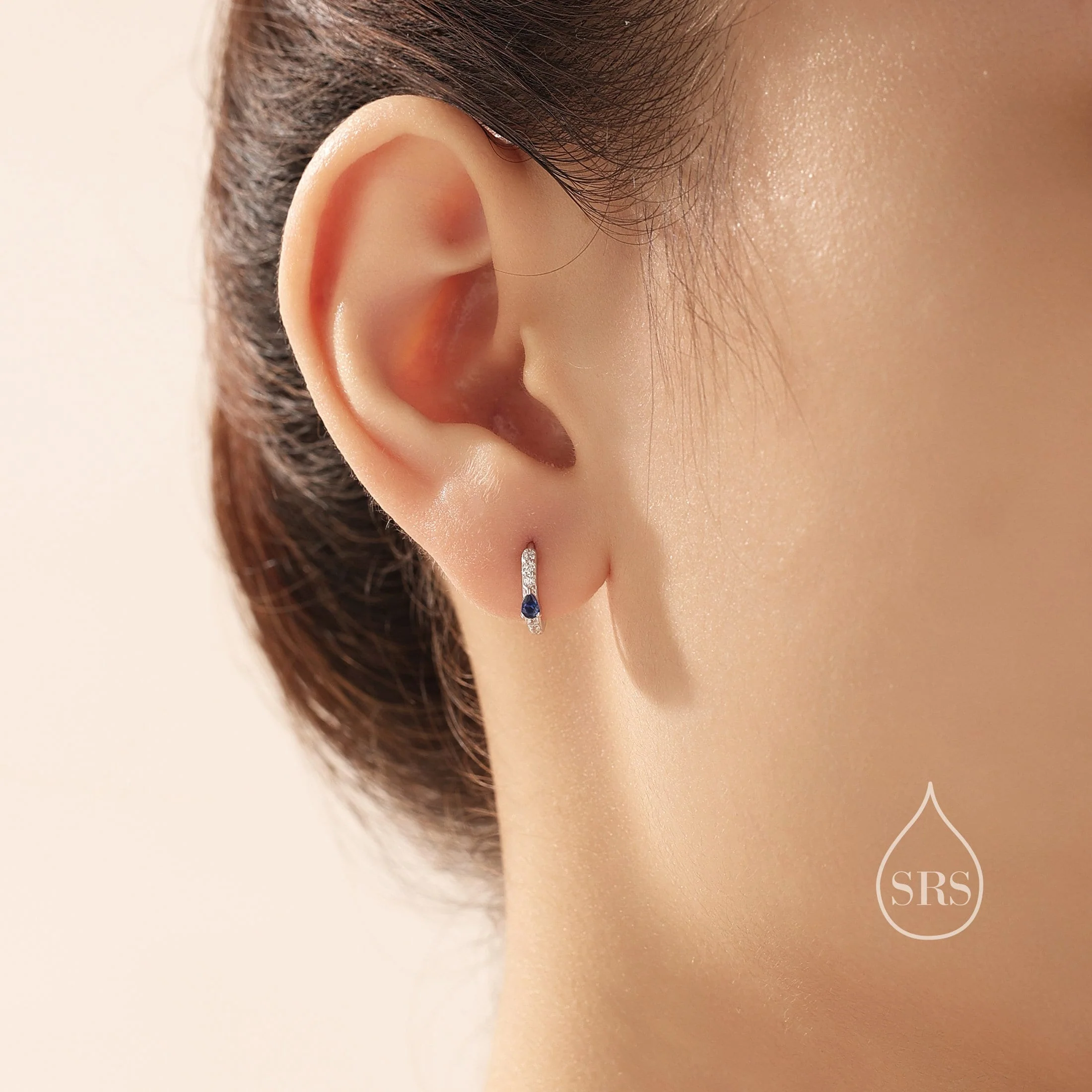 Tiny CZ Huggie Hoop Earrings in Sterling Silver with Pear CZ, Silver or Gold, Droplet CZ Hoops - Image 7