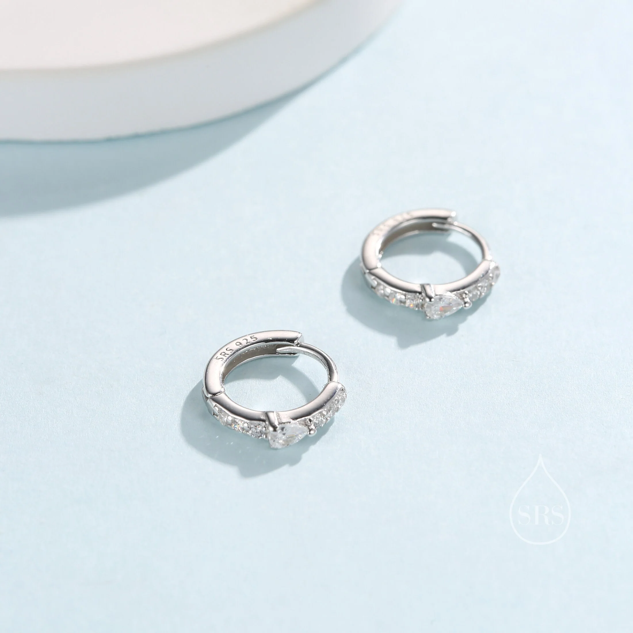Tiny CZ Huggie Hoop Earrings in Sterling Silver with Pear CZ, Silver or Gold, Droplet CZ Hoops - Image 8