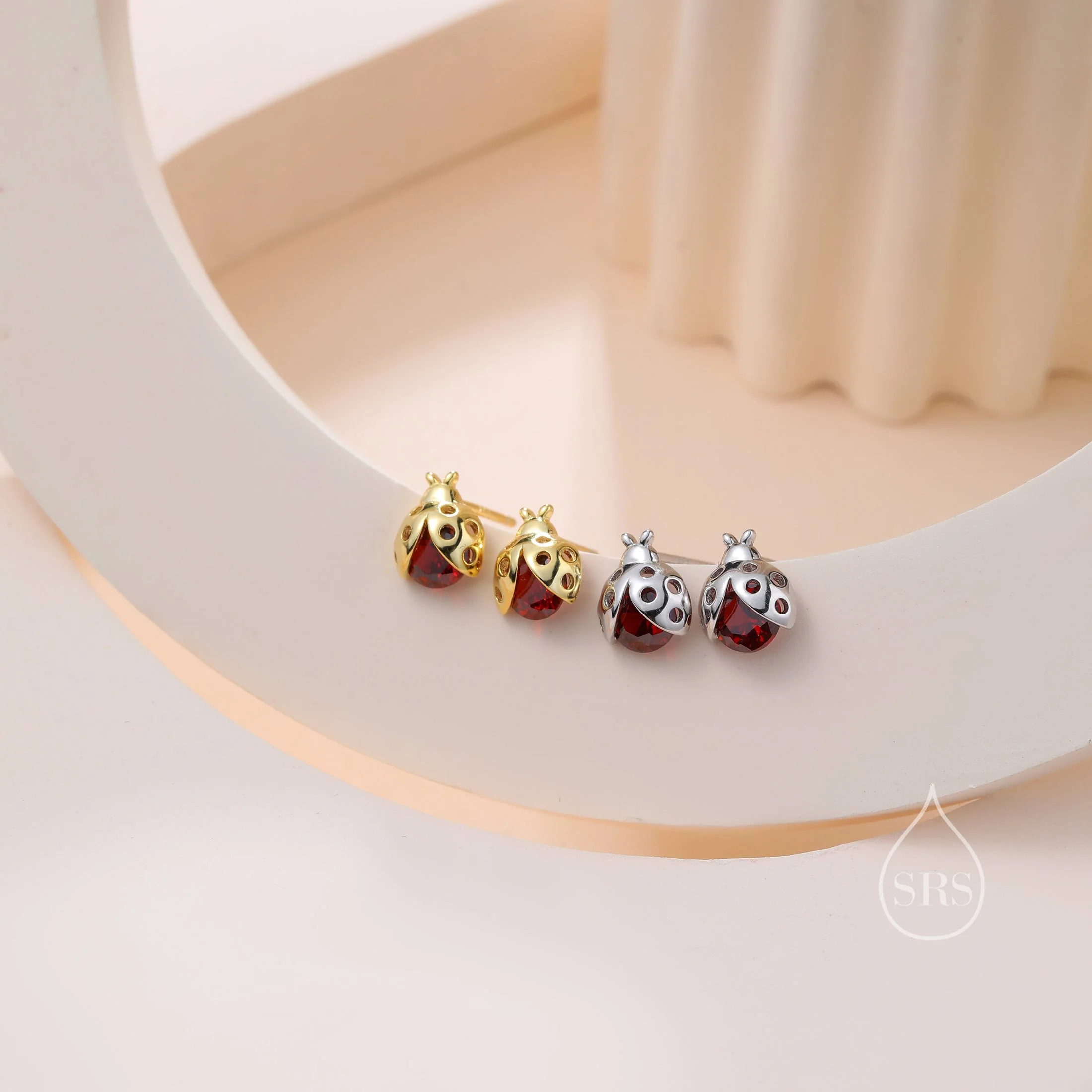 Tiny CZ Labybird Stud Earrings in Sterling Silver, Silver or Gold, Ladybug Earrings, Cute Red Ladybird Earrings - Image 2