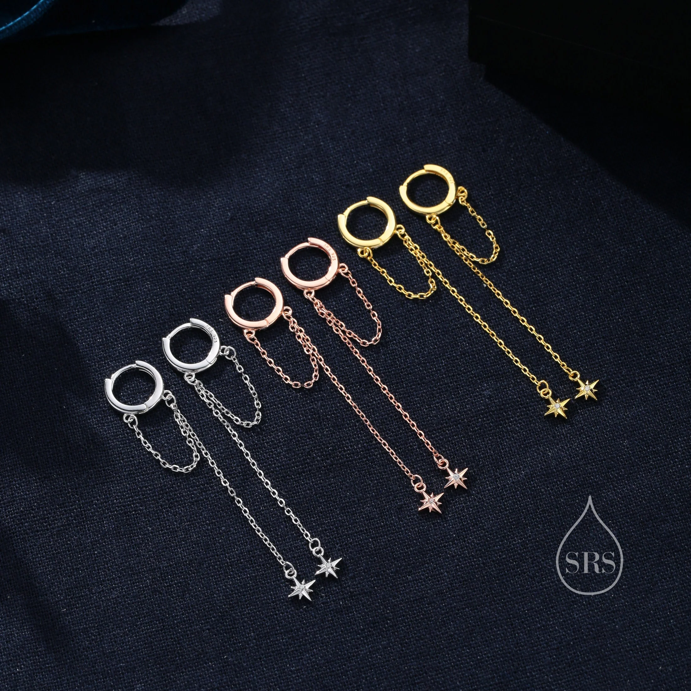 Tiny CZ Starburst Dangle Chain Huggie Hoop Earrings in Sterling Silver, Silver, Gold or Rose Gold, North Star Earrings, Sunburst Earrings - Image 6