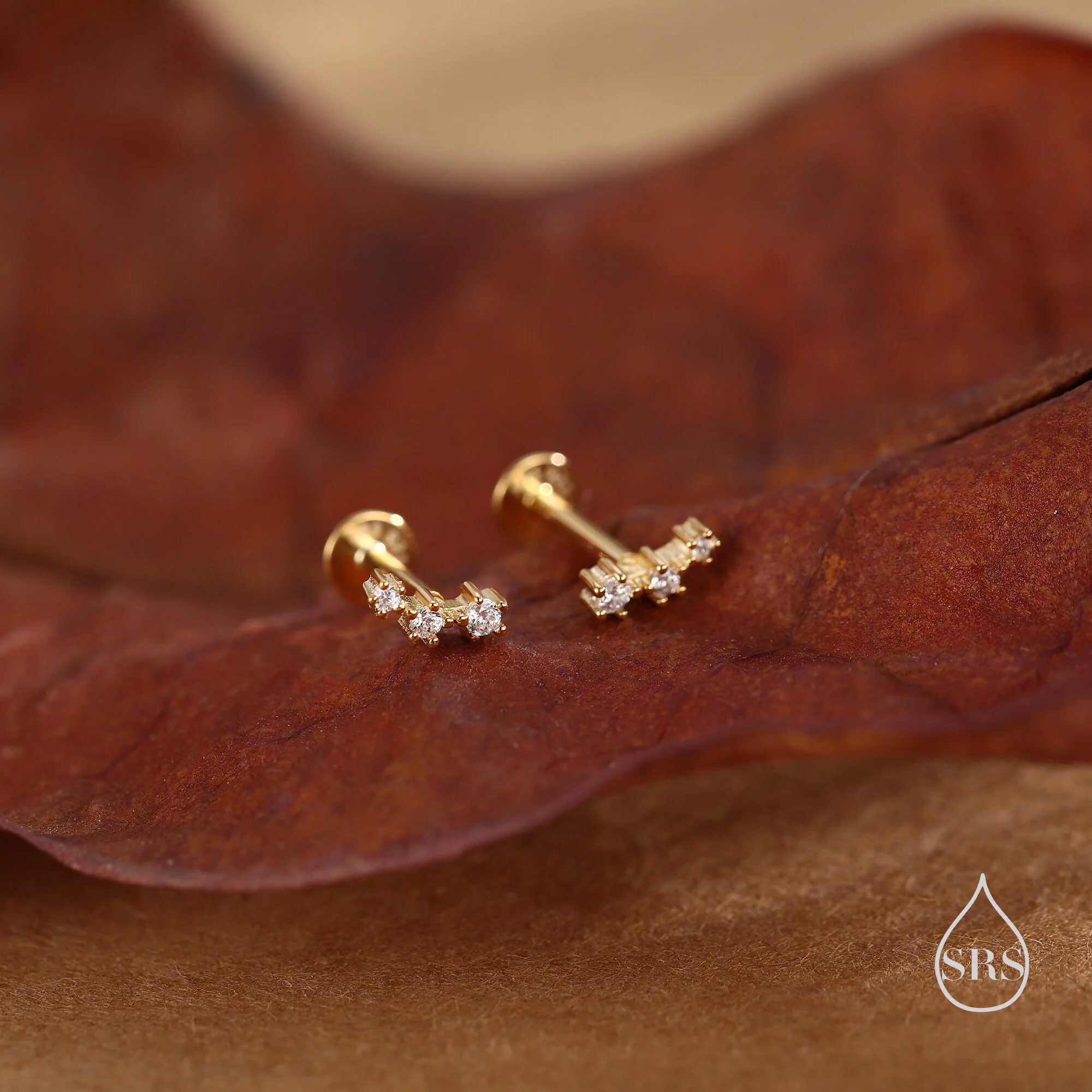 Tiny CZ Trio Internally Threaded Flat Back /Screw Back/Stud Earrings in Sterling Silver, Silver/ Gold/ Rose Gold, Geometric Tiny Three Star Earrings - Image 9
